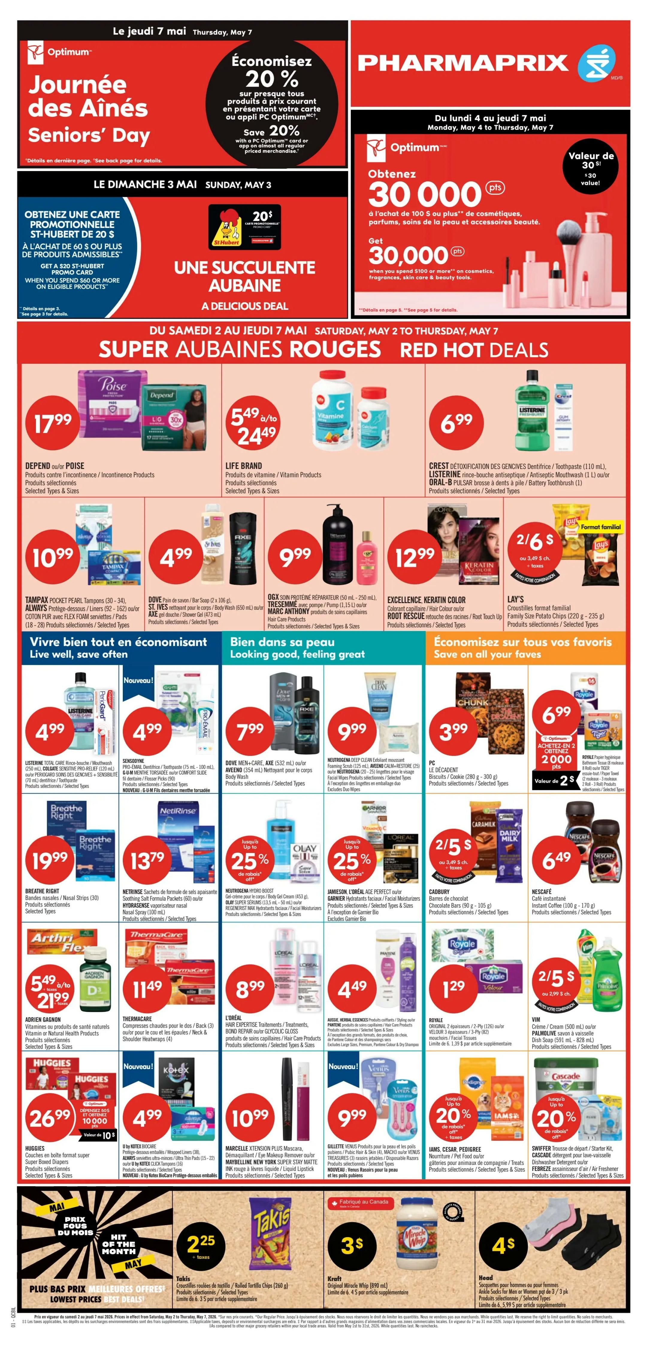 Pharmaprix flyer page 1 features a 2-day sale with 20x Optimum points on select purchases. Featured items include Large White Eggs for $3.49, Sans Nom Butter for $4.99, Sans Nom Bacon for $3.99, Doritos or Cheetos snacks 2 for $7, Royale Bathroom Tissue (12-24 rolls) for $5.99, Coca-Cola beverages (6 x 710 mL) for $3.99, PC Natural Spring Water (24 x 500 mL) 2 for $5, PC Ground Coffee (800-930 g) for $18.99, Gadoua White or Whole Wheat Bread for $1, Christie Biscuits or Crackers 2 for $5, Kraft Peanut Butter (750 g - 1 kg) for $5.99, PC Frozen Single Serve Entrees for $3.99, Dr. Oetker Ristorante or Casa di Mama Pizza for $4.99, Crest Complete-Scope Toothpaste or Toothbrush for $1.29, Cetaphil or O'Keeffe's Skin Care Products with up to 25% off, and Nivea or Secret Deodorant for $4.99.