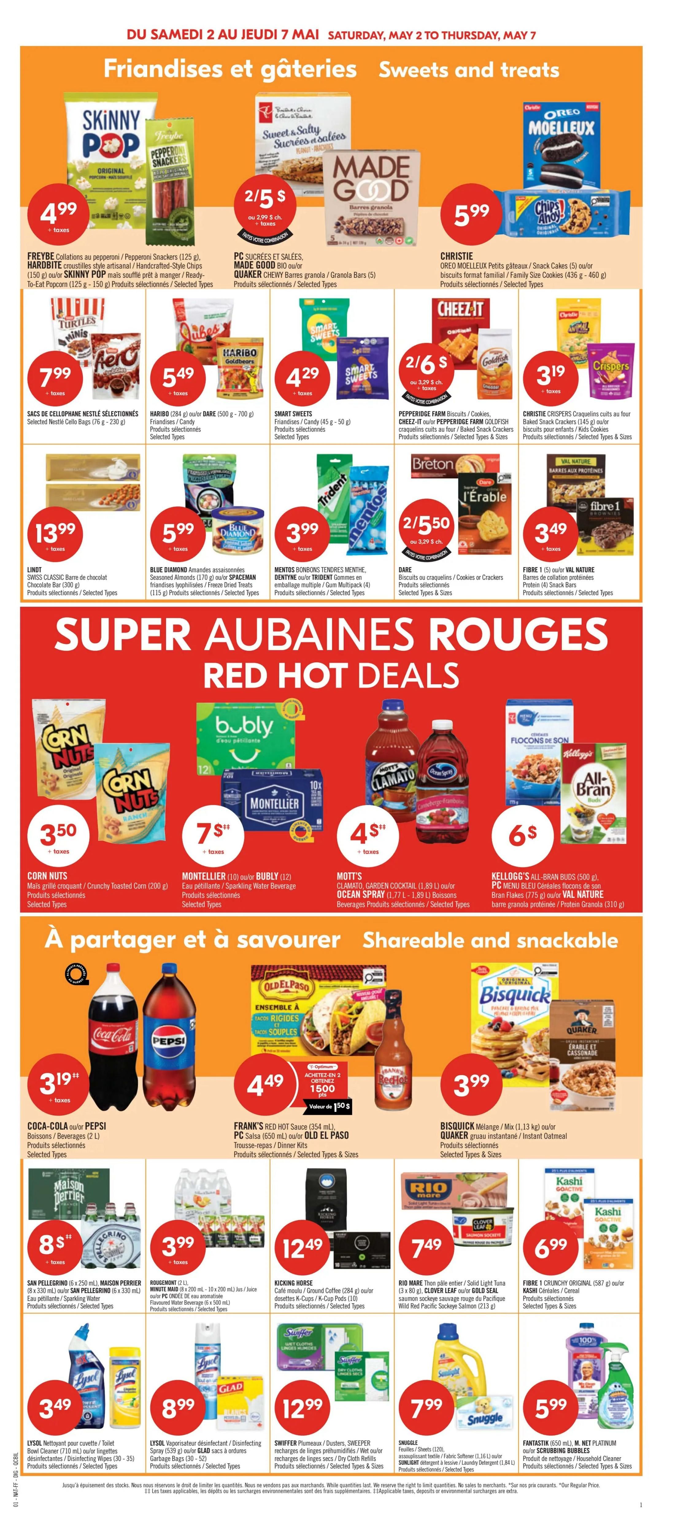 Pharmaprix Weekly Flyer Specials, Page 8. Featuring 'Sweets and Treats' with Freybe Original or Pepperoni Snackers for $4.99, Made Good Granola Bars 2 for $5, Christie Oreo Cookies for $5.99. Also available are Haribo Goldbears or Dare Candy for $5.49, Smart Sweets Candy for $4.29, Pepperidge Farm Cookies or Cheez-It Crackers 2 for $6, and Christie Crispers Crackers for $3.19. Lindt Swiss Classic Chocolate Bars are $13.99. Blue Diamond Almonds or Space Man Snacks are $5.99. Mentos Taffy, Dentyne Gum, or Trident Gum are $3.99. Dare Crackers or Cookies are 2 for $5.50. Fibre 1 Brownies or Nature Bars are $3.49. Under 'Red Hot Deals', Corn Nuts are $3.50. Montellier or Bubly Sparkling Water is $7. Mott's Clamato or Ocean Spray are $4. Kellogg's All-Bran Buds or All-Bran Cereal are $6. In the 'Shareable and Snackable' section, Coca-Cola or Pepsi Beverages (2 L) are $3.19. Frank's Red Hot Sauce or Old El Paso Dinner Kits are $4.49 with a buy 2, get 150 value offer. Bisquick Mix or Quaker Instant Oatmeal are $3.99. San Pellegrino or Maison Perrier Sparkling Water is $8. Rougemont or Pear juice is $3.99. Kicking Horse Coffee or M-Cup Pods are $12.49. Rio Mare Tuna or Clover Leaf Tuna are $7.49. Fibre 1 Crunchy Original or Kashi Cereal are $6.99. Lysol Toilet Bowl Cleaner or Disinfecting Wipes are $3.49 and $8.99 respectively. Swiffer Dusters or Refills are $12.99. Snuggle Fabric Softener or Dryer Sheets are $7.99. Fantastik Cleaner or Scrubbing Bubbles are $5.99.