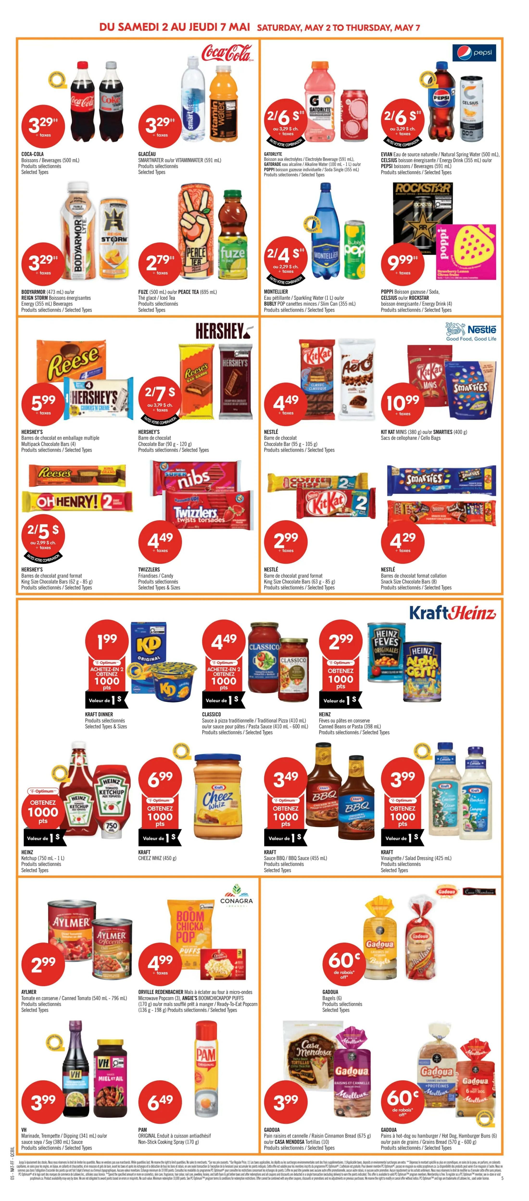 Pharmaprix weekly flyer specials page 9 features a wide variety of beverages and snacks. Coca-Cola beverages are $3.29 for 500 mL. Glaceau Vitamin Water or Smartwater is $3.29 for 591 mL. Gatorlyte or G-Active electrolyte drinks are 2 for $6, with individual cans also available. Montellier sparkling water or Bubly Pop cans are 2 for $4. Pepsi, Celsius energy drinks, and Rockstar are 2 for $6, with individual cans also available. Bodyarmor or Reign Storm energy drinks are $3.29 for 473 mL. Fuze iced tea or Peace Tea is $2.79 for 695 mL. Poppi sodas, Bubly Pop, Celsius energy drinks, or Rockstar are $9.99 for a 4-pack. Hershey's multipack chocolate bars are $5.99. Hershey's chocolate bars (90g - 120g) are 2 for $7. Nestlé chocolate bars (95g - 105g) are $4.49. Kit Kat mini bars (380g) or Smarties (400g) are $10.99. Oh Henry! or Twix bars are 2 for $5. Twizzlers candy is $4.49. Nestlé chocolate bars (63g - 85g) are $2.99. Nestlé chocolate collation snack size bars are $4.29. Kraft Dinner is $1.99 when you buy 2, earning 1000 Optimum points. Classico pizza sauce or pasta sauce (410 mL - 600 mL) is $4.49. Heinz beans (598 mL) are $2.99. Heinz ketchup (750 mL - 1 L) is $6.99. Kraft Cheez Whiz (450g) is $6.99. Kraft BBQ or BBQ sauce (455 mL) is $3.49. Kraft vinaigrette or salad dressing (425 mL) is $3.99. Aylmer canned tomatoes (540 mL - 796 mL) are $2.99. Orville Redenbacher microwave popcorn (3 pk) or Angie's Boomchickapop Puffs (136g - 198g) are $4.99. Gadoa bagels (6) are 60 cents on rollback. VH marinades, trempettes, or dipping sauces (341 mL) are $3.99. Pam non-stick cooking spray (170g) is $6.49. Gadoa raisin and cinnamon bread or Casa Mendosa tortillas are $3.99. Gadoa hot dog or hamburger buns (6) are 60 cents on rollback.