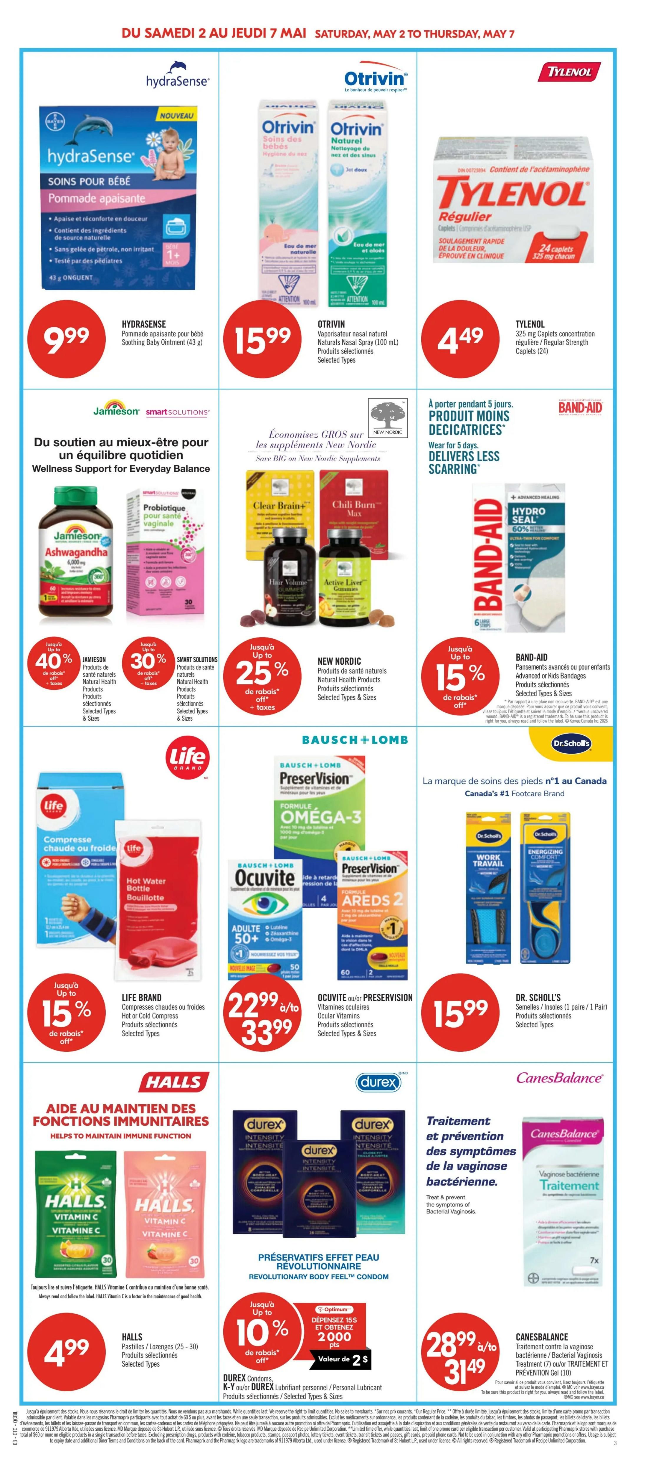 Pharmaprix weekly flyer specials page 16, featuring a variety of health and wellness products. Top row includes Hydrasense Soothing Baby Ointment for $9.99, Otrivin Naturals Nasal Spray (100 mL) for $15.99, and Tylenol Regular Strength Caplets (24 count) for $4.49. Middle row showcases Jamieson Ashwagandha and Smart Solutions Probiotic for Vagina Health with up to 40% and 30% off respectively. New Nordic supplements like Clear Brain+, Chili Burn Max, Hair Volume, and Active Liver are on sale for up to 25% off. Band-Aid Hydro Seal bandages are 15% off. Bottom row features Life Brand Hot or Cold Compress for 15% off, Bausch + Lomb Ocuvite or PreserVision Ocular Vitamins for $22.99 to $33.99, and Dr. Scholl's Insoles for $15.99. Also available are Halls Vitamin C Pastilles/Lozenges (25-30 count) for $4.99, Durex Condoms or Lubricant with up to 10% off and a $2 value of points, and CanesBalance Bacterial Vaginosis Treatment (7) for $28.99 to $31.49.