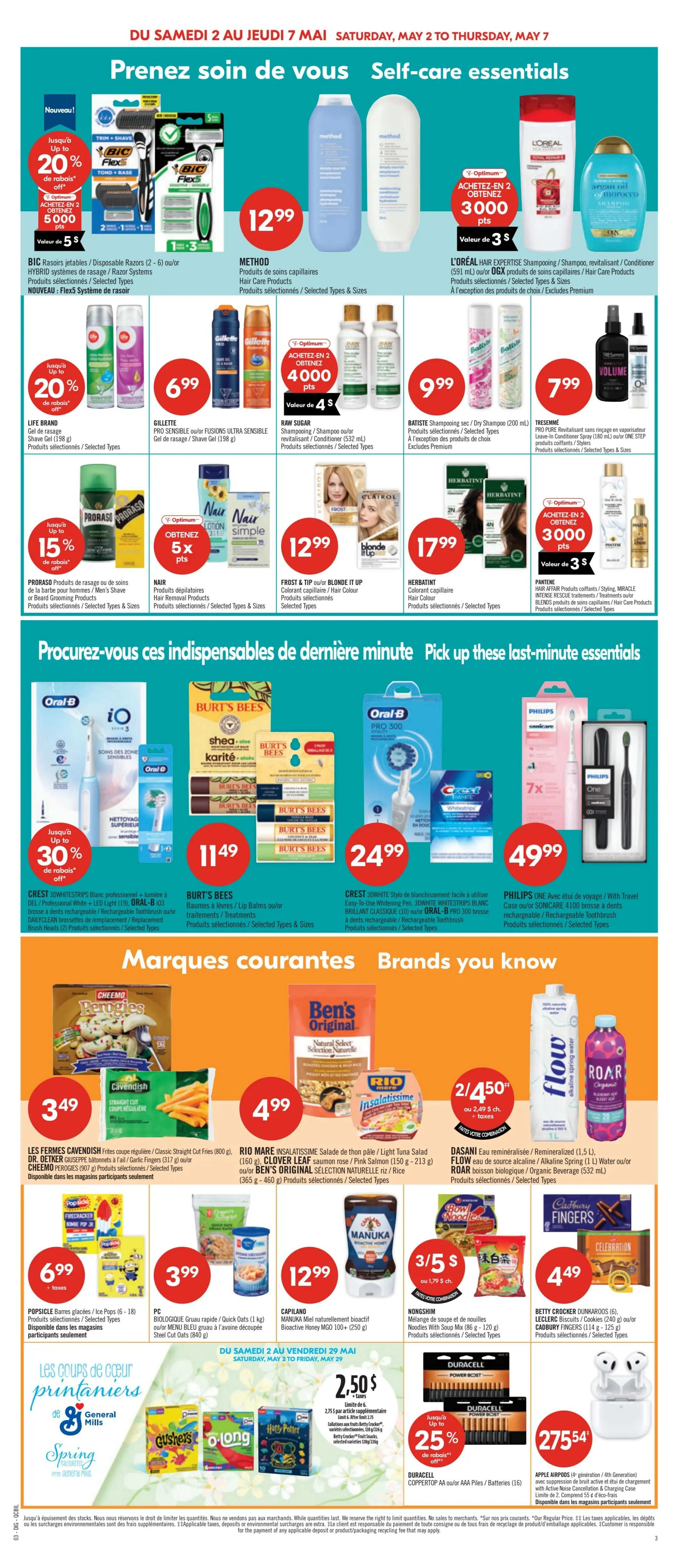 Pharmaprix flyer page 19, featuring self-care essentials and brands you know. Top section highlights deals on BIC Flex razors (up to 20% off), Method hair care products for $12.99, L'Oréal hair expertise products (buy 2 get 3000 Optimum points), and Batiste dry shampoo for $9.99. Also featured are Life Brand gel for $6.99, Gillette sensitive gel for $6.99, Raw Sugar shampoo/conditioner (buy 2 get 4000 Optimum points), and Tresemmé leave-in conditioner spray for $7.99. Further down, find Pro-Raso products (up to 15% off), Nair hair removal products, Frost & Tip hair colour for $12.99, and L'Oréal hair colour for $17.99. Pantene hair care products offer buy 2 get 3000 Optimum points. The bottom section showcases Oral-B iO Series electric toothbrush for $49.99, Crest 3D White Whitestrips for $24.99, Burt's Bees lip balms/treatments for $11.49, and Philips Sonicare toothbrushes for $49.99. Brands you know section includes Cavendish Straight Cut Fries for $3.49, Rio Mare salad for $4.99, Ben's Original rice for $4.99, Flow alkaline spring water and Roar organic beverage 2 for $4.50. Also available are Popsicle bars/ice pops for $6.99, PC Blue Menu Quick Oats for $3.99, Capilano Manuka honey for $12.99, Nongshim soup and noodle bowls 3 for $5, and Betty Crocker Dunkaroos/Cadbury Fingers for $4.49. The 'Spring into Savings' section features General Mills products with a deal of 2.50$ for 2 boxes, and Duracell CopperTop AA/AAA batteries (up to 25% off). Apple AirPods (4th generation) are available for $275.54.