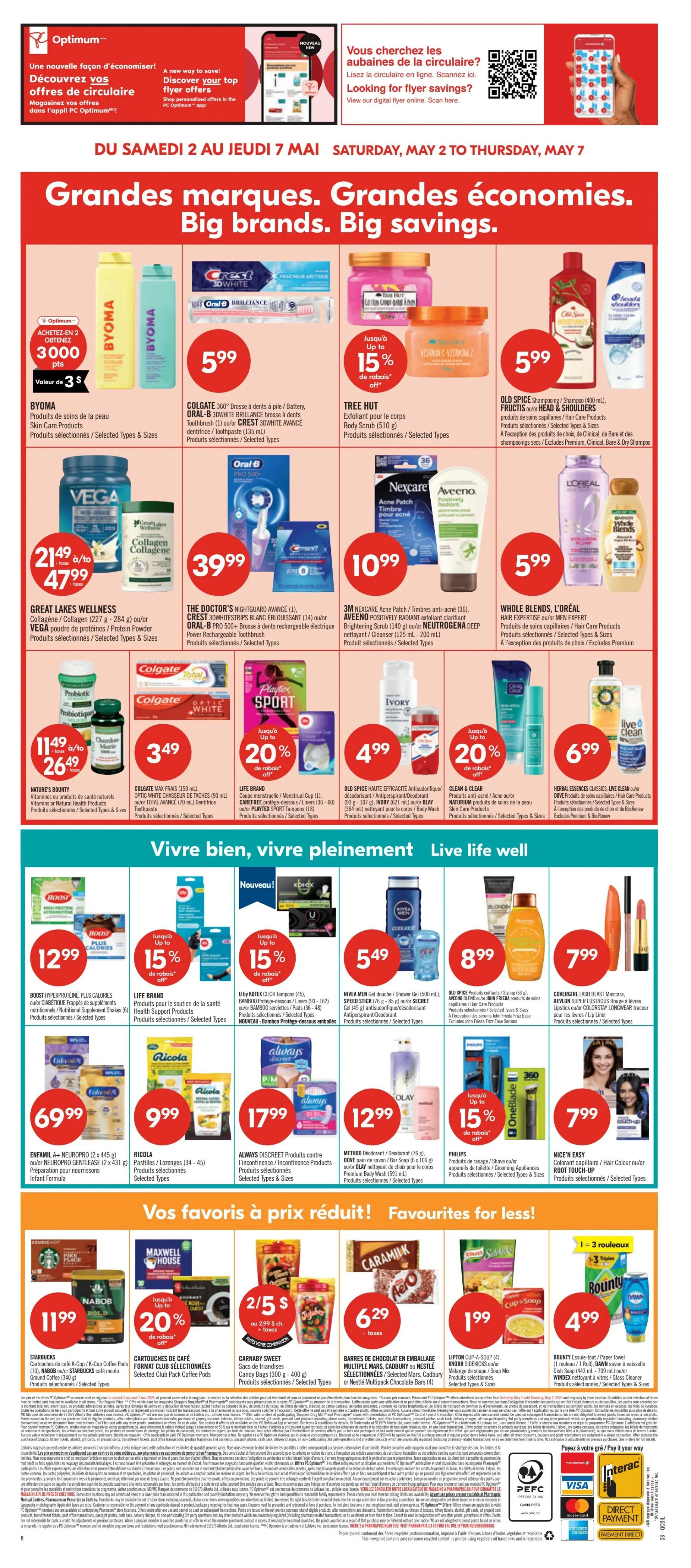 Pharmaprix weekly flyer specials page 20, featuring 'Big brands. Big savings.' and 'Live well, live simply. Live well.' sections. Top deals include BYOMA Skin Care Products for $3.59, COLGATE 360° Toothbrush and CREST 3DWHITE Toothpaste for $5.99, TREE HUT Body Scrub for up to 15% off, OLD SPICE Shampoo or Head & Shoulders Shampoo for $5.99, GREAT LAKES WELLNESS Collagen/Collagen or VEGA Protein Powder for $21.49 to $47.99, THE DOCTOR'S NIGHTGUARD Advance or ORAL-B PRO 500+ Rechargeable Toothbrush for $39.99, 3M NEXCARE Acne Patches or AVEENO Brightening Scrub/Cleanser for $10.99, WHOLE BLENDS Hair Care Products for $5.99. Also featured are LIFE BRAND Feminine Care products for $3.49, COLGATE Total Toothpaste for $3.49, Playtex Sport Tampons for 20% off, IVORY Body Wash for $4.99, CLEAN & CLEAR Skin Care Products for $4.99, and HERBAL ESSENCES CLASSICS / LIVE CLEAN Hair Care Products for $6.99. The 'Live well, live simply. Live well.' section highlights BOOST Hyperprotein Plus Calories or O.R.A.B.E.T.I.Q.U.E. Nutritional Shakes for $12.99, LIFE BRAND Health Support Products for up to 15% off, U by KOTEX Click Tampons or BAMBOO Protection Pads for up to 15% off, NIVEA Men Shower Gel or SPEED STICK Deodorant for $5.49, OLD SPICE Body Wash or AVEENO Hair Care Products for $8.99, COVERGIRL Lash Mascara or REVLON Super Lustrous Lipstick for $7.99. Further down, ENFAMIL A+ NEUROPRO or NEUROPRO GENTLEASE for $69.99, Ricola Pastilles/Lozenges for $9.99, ALWAYS DISCREET Incontinence Products for $17.99, DOVE Body Wash or Olay Body Wash for $12.99, and PHILIPS Grooming Appliances for up to 15% off. The 'Favourites for less!' section includes STARBUCKS K-Cup Coffee Pods or Ground Coffee for $11.99, CLUB PACK Coffee Pods for 20% off, CARNABY SWEET Candy Bags for 2 for $5, NESTLE Multipack Chocolate Bars for $6.29, Lipton Cup-a-Soup or Knorr Sidekicks for $1.99, and BOUNTY Paper Towels for $4.99.