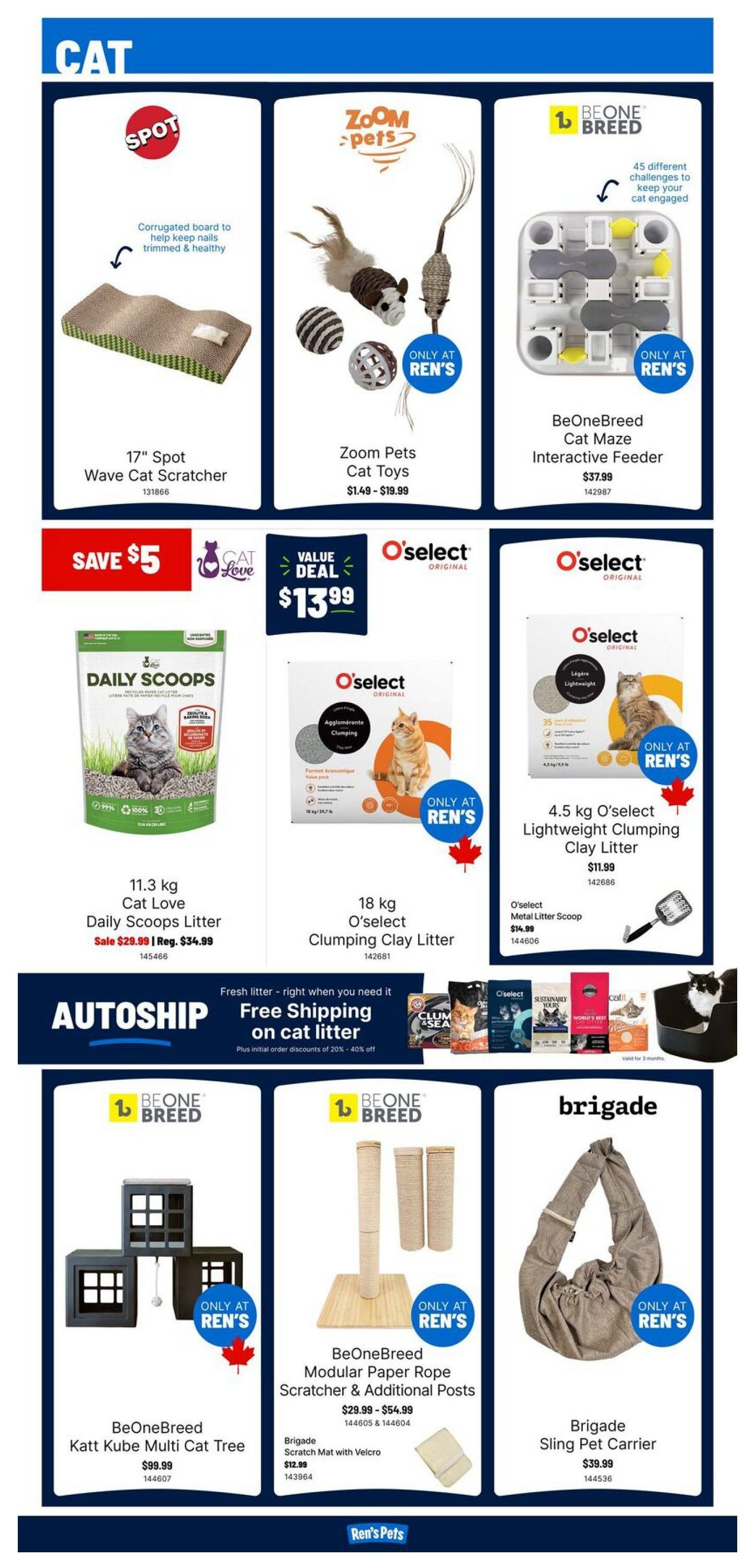 Ren's Pets monthly savings flyer, page 4, featuring cat products. Top row includes a 17' Spot Wave Cat Scratcher for $17.99, Zoom Pets Cat Toys priced from $1.49 - $19.99, and a BeOneBreed Cat Maze Interactive Feeder for $37.99. Middle row highlights a $5 savings deal on 11.3 kg Cat Love Daily Scoops Litter, now $13.99 (regularly $34.99). Also featured are 18 kg O'select Clumping Clay Litter for $11.99 and 4.5 kg O'select Lightweight Clumping Clay Litter for $11.99, along with an O'select Metal Litter Scoop for $14.99. A banner announces free shipping on cat litter with Autoship, plus initial order discounts of 20% - 40% off. Bottom row showcases a BeOneBreed Katt Kube Multi Cat Tree for $99.99, BeOneBreed Modular Paper Rope Scratcher & Additional Posts ranging from $29.99 - $54.99, a Brigade Scratch Mat with Velcro for $12.99, and a Brigade Sling Pet Carrier for $39.99.