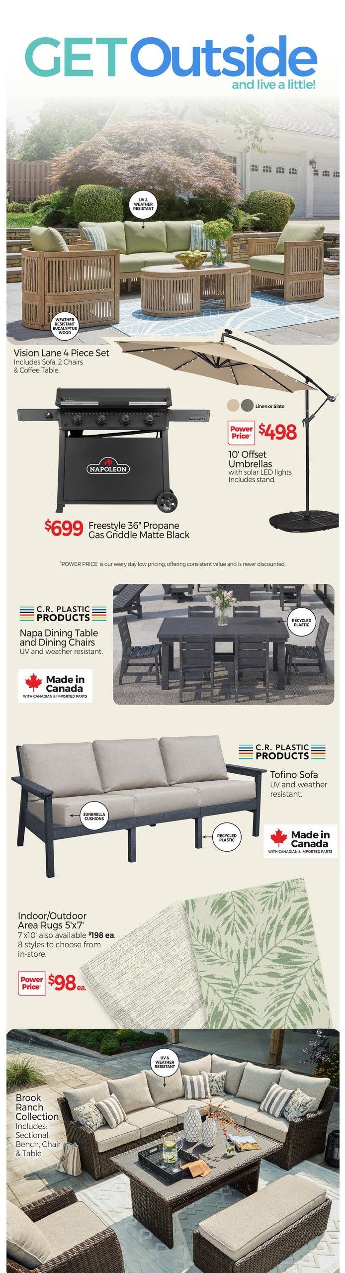 Tepperman's weekly flyer specials page 2, featuring outdoor living items. The Vision Lane 4 Piece Set, including a sofa, 2 chairs, and coffee table, is shown. A Napoleon Freestyle 36' Propane Gas Griddle in Matte Black is priced at $699. Also available are 10' Offset Umbrellas with solar LED lights and stand for $498. The C.R. Plastic Products Napa Dining Table and Dining Chairs, made in Canada with Canadian & imported parts, are UV and weather resistant. The Tofino Sofa, also from C.R. Plastic Products, is UV and weather resistant and made with recycled plastic and Canadian & imported parts. Indoor/Outdoor Area Rugs in 5'x7' are $98 each, with 7'x10' rugs available for $198 each, and 8 styles to choose from in-store. The Brook Ranch Collection, including a sectional, bench, chair, and table, is also displayed.