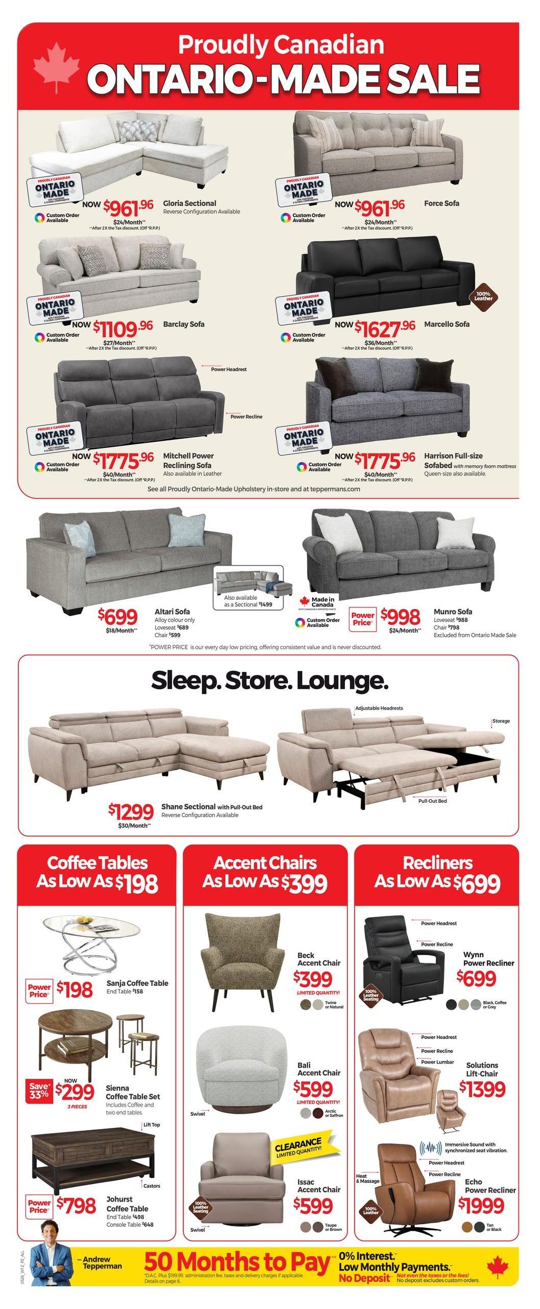 Tepperman's Weekly Flyer Specials Page 3: Proudly Canadian Ontario-Made Sale featuring sofas and sectionals. The Gloria Sectional is now $961.96, the Barclay Sofa is $1109.96, the Mitchell Power Reclining Sofa is $1775.96, and the Harrison Full-size Sofabed is $1775.96. Also available are the Force Sofa for $961.96 and the Marcello Sofa for $1627.96. The Altari Sofa is $699, and the Munro Sofa is $998. The Shane Sectional with Pull-Out Bed is $1299. Featured are Coffee Tables starting at $198, Accent Chairs starting at $399 including the Beck Accent Chair for $399, Bali Accent Chair for $599, and Issac Accent Chair for $599. Recliners start at $699, with the Wynn Power Recliner for $699, Solutions Lift-Chair for $1399, and Echo Power Recliner for $1999. Special financing offers include 50 Months to Pay with 0% interest and no deposit.