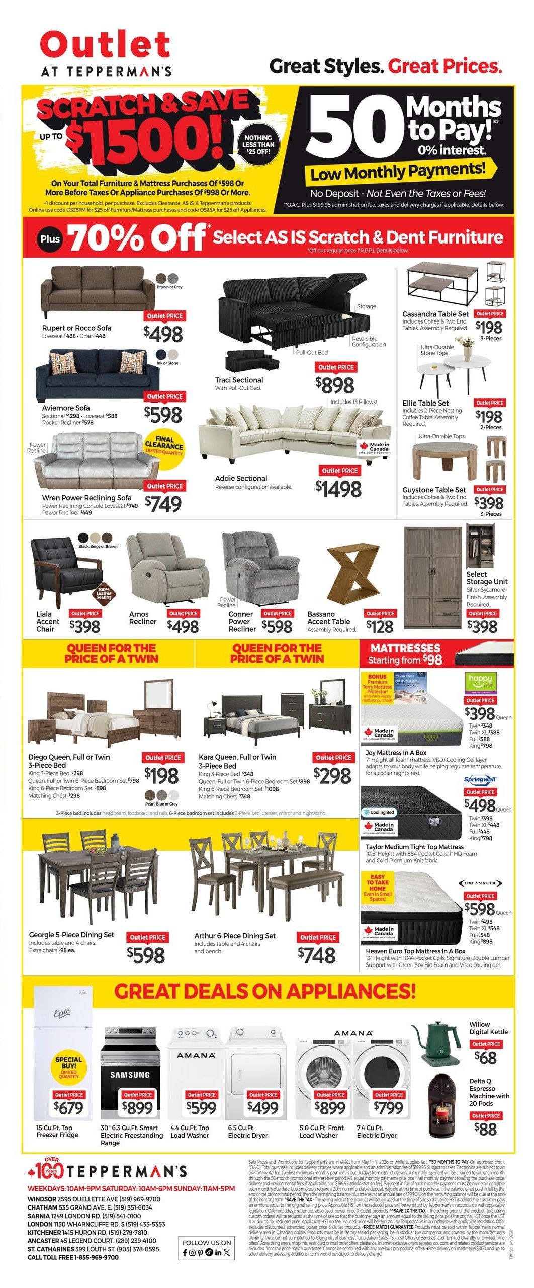 Tepperman's weekly flyer specials page 10 features 'Scratch & Save Up To $1500' and '50 Months to Pay' with 0% interest. Offers include '70% Off Select AS IS Scratch & Dent Furniture'. Featured furniture includes Rupert or Rocco Sofa for $498, Traci Sectional with Pull-Out Bed for $898, Addie Sectional for $1498, AvieMore Sofa for $598, Wren Power Reclining Sofa for $749, Cassandra Table Set for $198, Ellie Table Set for $198, and Guystone Table Set for $398. Recliners and accent chairs include Liala Accent Chair for $398, Amos Recliner for $498, Conner Power Recliner for $598, and Bassano Accent Table for $128. Bedroom sets include Diego Queen, Full or Twin 3-Piece Bed for $198 and Kara Queen, Full or Twin 3-Piece Bed for $298. Dining sets include Georgie 5-Piece Dining Set for $598 and Arthur 6-Piece Dining Set for $748. Mattresses start from $98, including the Joy Mattress in a Box for $398 (Queen), Taylor Medium Tight Top Mattress for $598 (Queen), and Heaven Euro Top Mattress in a Box for $598 (Queen). 'Great Deals on Appliances' section features a 15 Cu.Ft. Top Freezer Fridge for $679, Samsung 30' 6.3 Cu.Ft. Smart Electric Freestanding Range for $899, Amana 4.4 Cu.Ft. Top Load Washer for $599, Amana 6.5 Cu.Ft. Electric Dryer for $499, Amana 5.0 Cu.Ft. Front Load Washer for $899, Amana 7.4 Cu.Ft. Electric Dryer for $799, Willow Digital Kettle for $68, and Delta Q Espresso Machine with 20 Pods for $88. Store locations and hours are listed at the bottom.