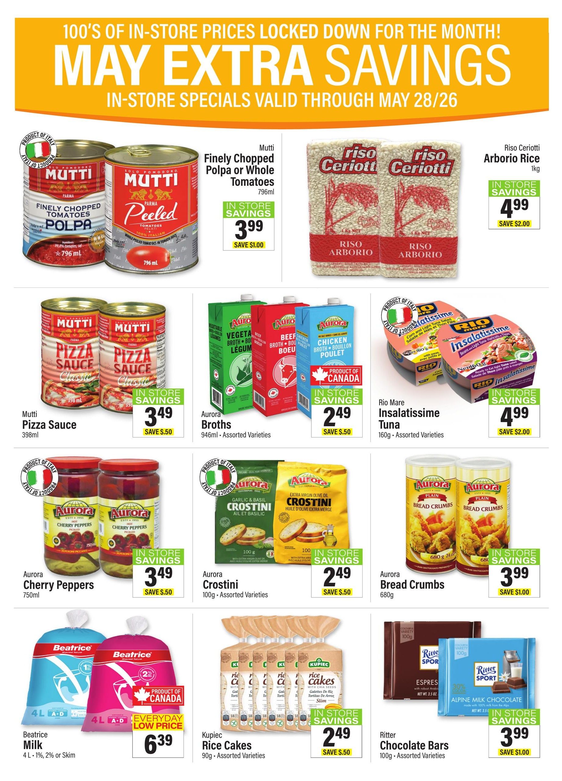 Commisso's Fresh Foods weekly flyer specials page 6 features 'MAY EXTRA SAVINGS' valid through May 28/26. Featured products include Mutti Finely Chopped Polpa or Whole Tomatoes for $3.99, save $1.00. Riso Cerriotti Arborio Rice 1kg is $4.99, save $2.00. Mutti Pizza Sauce 398ml is $3.49, save $0.50. Aurora Broths 946ml, assorted varieties, are $2.49, save $0.50. Rio Mare Insalatissime Tuna 160g, assorted varieties, is $4.99, save $2.00. Aurora Cherry Peppers 750ml are $3.49, save $0.50. Aurora Crostini 100g, assorted varieties, are $2.49, save $0.50. Aurora Bread Crumbs 680g are $3.99, save $1.00. Beatrice Milk 4L, 1%, 2% or Skim, is an everyday low price of $6.39. Kupiec Rice Cakes 90g, assorted varieties, are $2.49, save $0.50. Ritter Chocolate Bars 100g, assorted varieties, are $3.99, save $1.00.