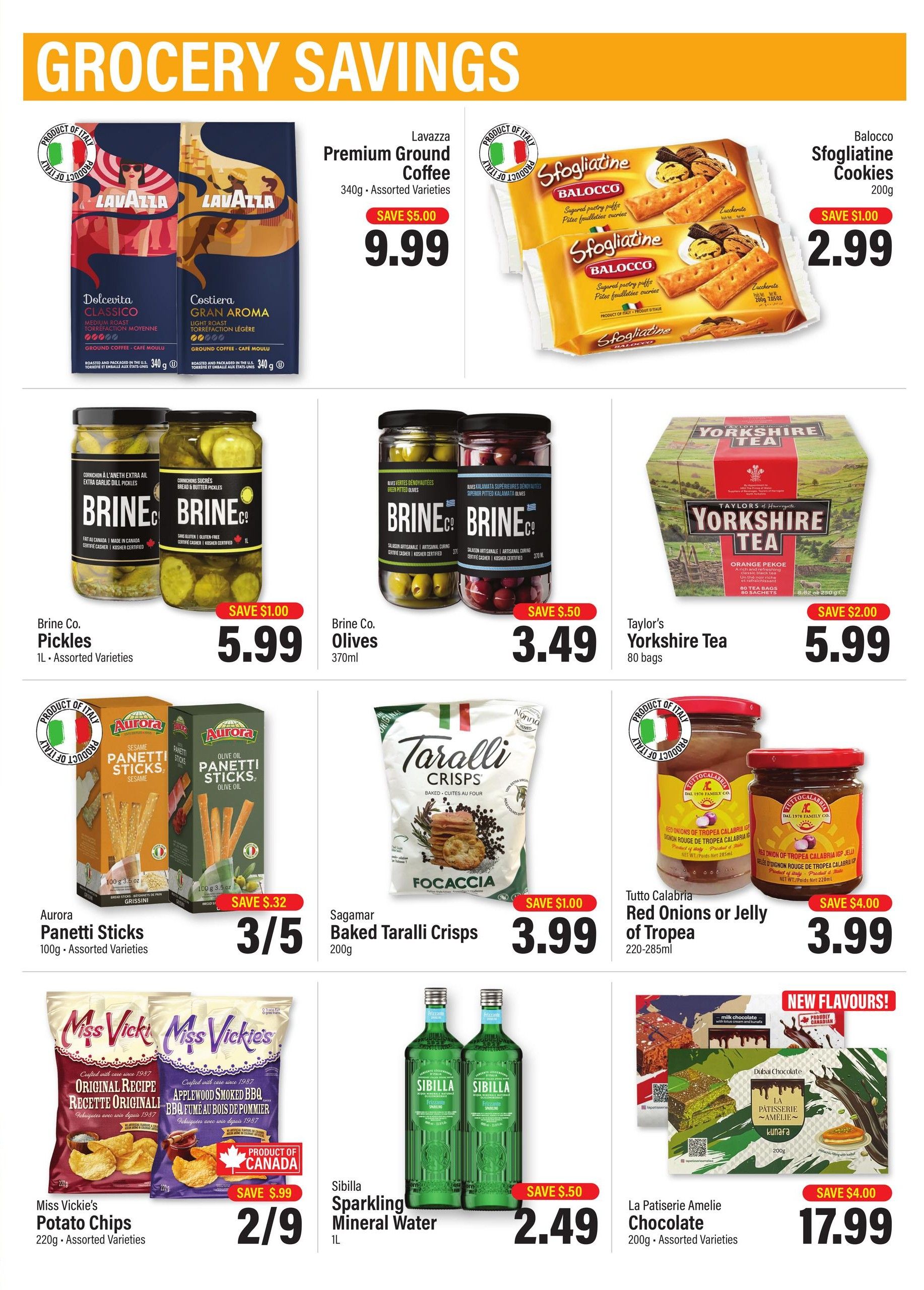 Commisso's Fresh Foods grocery savings flyer page 10 featuring Lavazza Premium Ground Coffee for $9.99, Balocco Sfogiatine Cookies for $2.99, Brine Co. Pickles for $5.99, Brine Co. Olives for $3.49, Taylor's Yorkshire Tea for $5.99, Aurora Panetti Sticks for 3 for $5, Sagamar Baked Taralli Crisps for $3.99, Tutto Calabria Red Onions or Jelly of Tropea for $3.99, Miss Vickie's Potato Chips for 2 for $9, Sibilla Sparkling Mineral Water for $2.49, and La Patisserie Amelie Chocolate for $17.99.