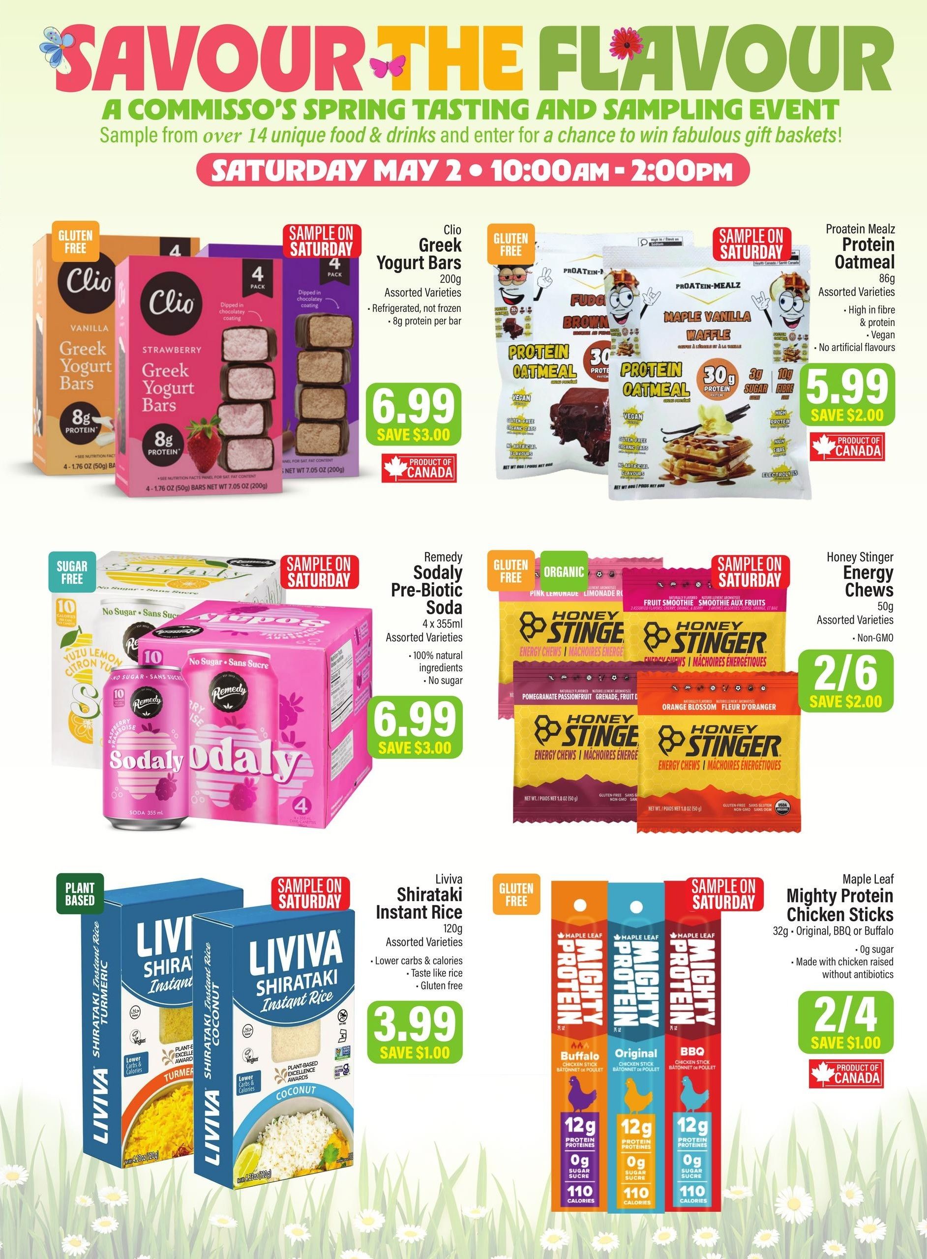 Commisso's Fresh Foods flyer page 2 features a Spring Tasting and Sampling Event on Saturday, May 2nd from 10:00 AM to 2:00 PM. Featured products include Clio Greek Yogurt Bars in Vanilla and Strawberry flavours for $6.99, saving $3.00. Proatein Mealz Protein Oatmeal in assorted varieties is available for $5.99, saving $2.00. Remedy Sodaly Pre-Biotic Soda in assorted varieties is on sale for 2 for $6.00, saving $3.00. Honey Stinger Energy Chews in assorted varieties are priced at 2 for $6.00, saving $2.00. Liviva Shirataki Instant Rice in Turmeric and Coconut flavours is $3.99, saving $1.00. Maple Leaf Mighty Protein Chicken Sticks in Buffalo, Original, and BBQ flavours are 2 for $4.00, saving $1.00. All featured products are gluten-free, and some are organic or plant-based.