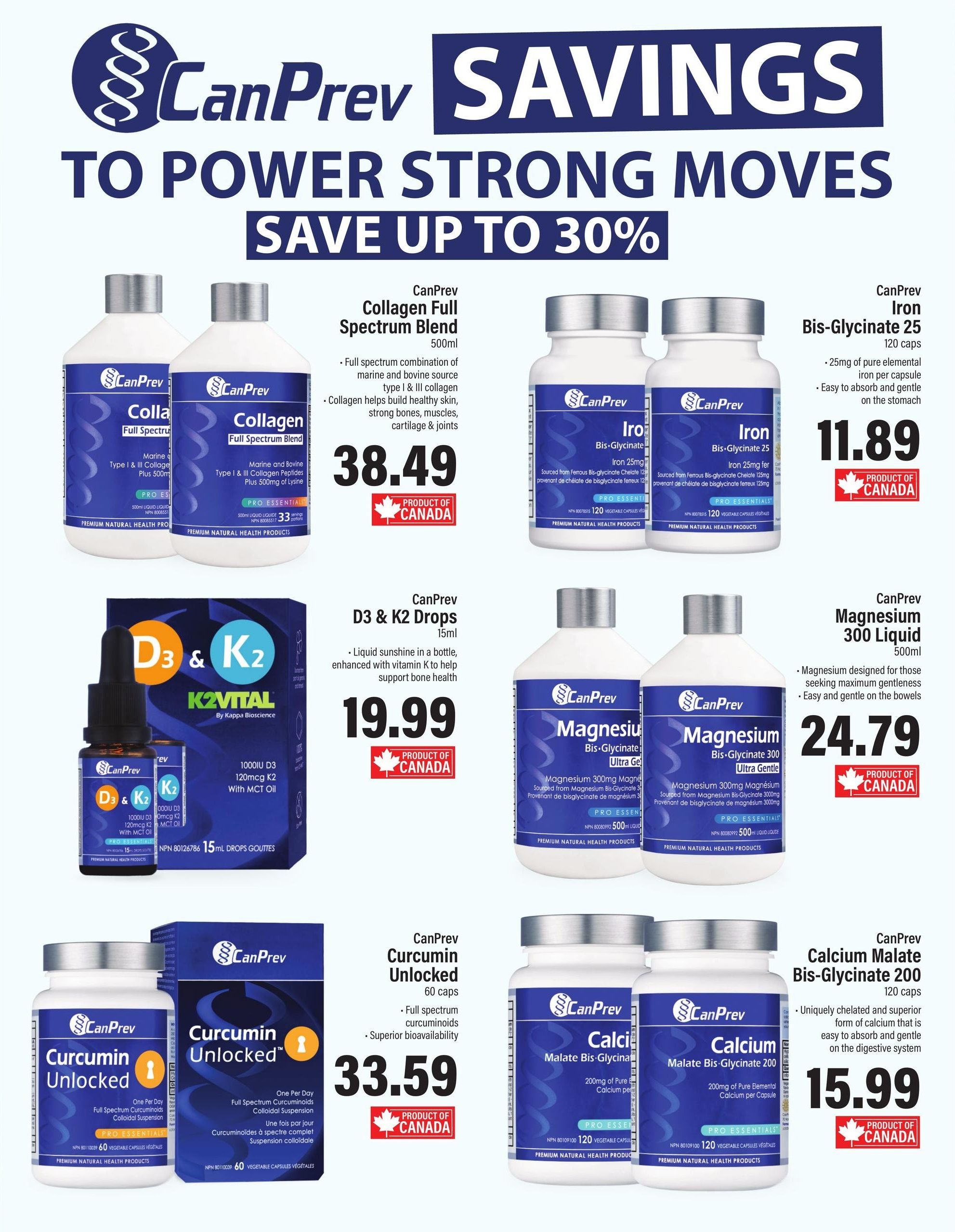 Commisso's Fresh Foods flyer page 4 features CanPrev health supplements with savings up to 30%. Products include CanPrev Collagen Full Spectrum Blend 500ml for $38.49, CanPrev D3 & K2 Drops 15ml for $19.99, CanPrev Iron Bis-Glycinate 25 120 caps for $11.89, CanPrev Magnesium 300 Liquid 500ml for $24.79, CanPrev Curcumin Unlocked 60 caps for $33.59, and CanPrev Calcium Malate Bis-Glycinate 200 120 caps for $15.99. All featured products are Canadian made.