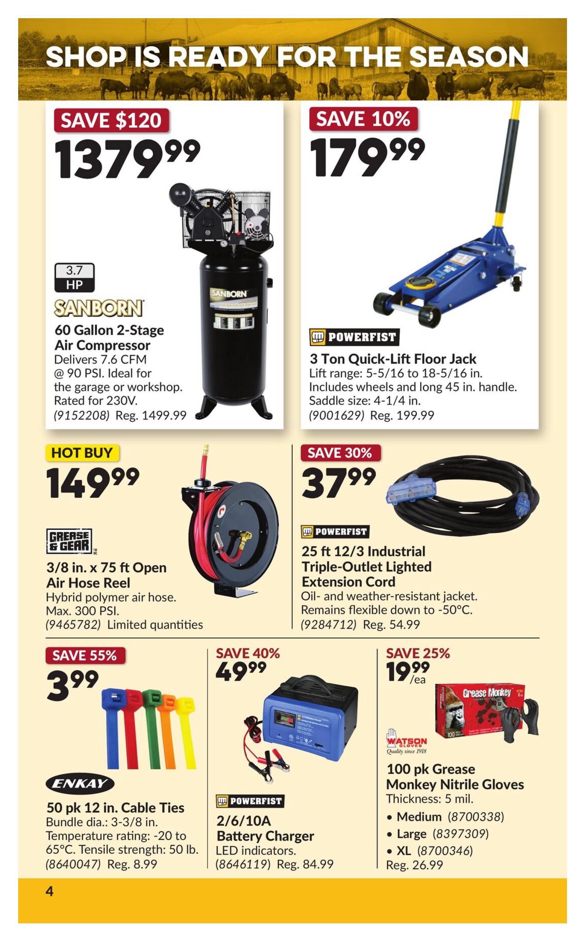 Princess Auto flyer page 9 features a 'Shop is Ready for the Season' theme. Top left: Sanborn 60 Gallon 2-Stage Air Compressor, 3.7 HP, delivering 7.6 CFM at 90 PSI, rated for 230V, on sale for $137.99 (Save $120, Regular $1499.99). Top right: Powerfist 3 Ton Quick-Lift Floor Jack, with a lift range of 5-5/16 to 18-5/16 inches, including wheels and a 45-inch handle, on sale for $179.99 (Save 10%, Regular $199.99). Middle left: Grease & Gear 3/8 inch x 75 ft Open Air Hose Reel, with a hybrid polymer air hose, max 300 PSI, limited quantities, Hot Buy for $149.99. Middle right: Powerfist 25 ft 12/3 Industrial Triple-Outlet Lighted Extension Cord, oil- and weather-resistant, remains flexible down to -50°C, on sale for $37.99 (Save 30%, Regular $54.99). Bottom left: Enkay 50 pk 12 inch Cable Ties, bundle diameter 3-3/8 inches, temperature rating -20 to 65°C, tensile strength 50 lb, on sale for $3.99 (Save 55%, Regular $8.99). Bottom middle: Powerfist 2/6/10A Battery Charger with LED indicators, on sale for $49.99 (Save 40%, Regular $84.99). Bottom right: Watson Gloves 100 pk Grease Monkey Nitrile Gloves, 5 mil thickness, available in Medium and XL, on sale for $19.99 each (Save 25%, Regular $26.99 for XL).