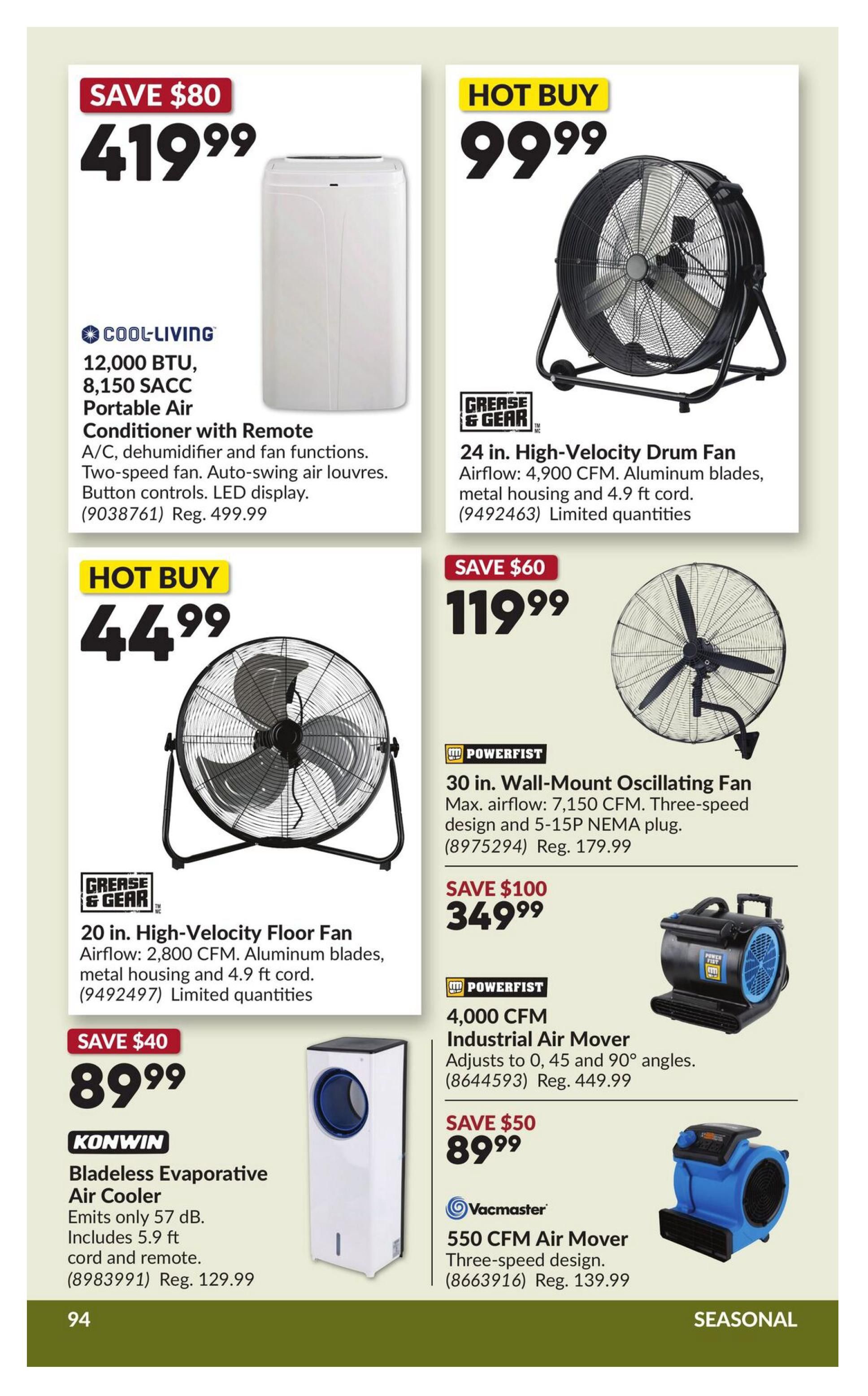 Princess Auto flyer page 10 features a Cool-Living 12,000 BTU, 8,150 SACC Portable Air Conditioner with Remote for $419.99, saving $80. It includes A/C, dehumidifier, fan functions, two-speed fan, auto-swing air louvres, button controls, and an LED display. Also available is a Grease & Gear 24 in. High-Velocity Drum Fan for $99.99, with 4,900 CFM airflow, aluminum blades, metal housing, and a 4.9 ft cord. A Hot Buy 20 in. High-Velocity Floor Fan by Grease & Gear is priced at $44.99, offering 2,800 CFM airflow, aluminum blades, metal housing, and a 4.9 ft cord. A Konwin Bladeless Evaporative Air Cooler is on sale for $89.99, saving $40, with units only 57 dB, including a 5.9 ft cord and remote. Powerfist offers a 30 in. Wall-Mount Oscillating Fan for $119.99, saving $60, featuring 7,150 CFM max airflow, a three-speed design, and a 5-15P NEMA plug. Additionally, a Powerfist 4,000 CFM Industrial Air Mover is available for $349.99, saving $100, which adjusts to 0, 45, and 90 degree angles. Lastly, a Vacmaster 550 CFM Air Mover with a three-speed design is on sale for $89.99, saving $50.
