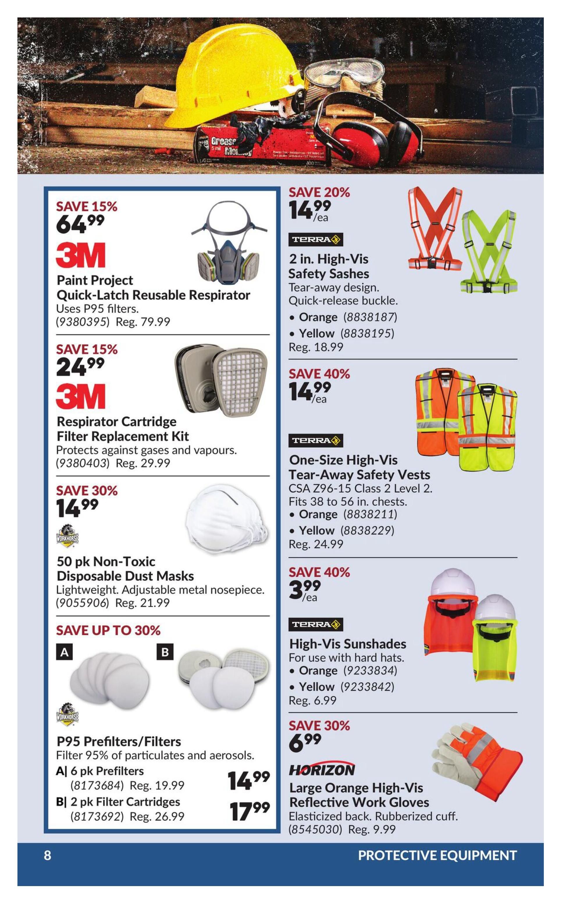 Princess Auto flyer page 18 features protective equipment. Save 15% on 3M Paint Project Quick-Latch Reusable Respirator for $64.99 (regular $79.99). Also save 15% on 3M Respirator Cartridge Filter Replacement Kits for $24.99 (regular $29.99). Save 30% on 50 pk Non-Toxic Disposable Dust Masks for $14.99 (regular $21.99). Save up to 30% on Workhorse P95 Prefilters/Filters: A) 6 pk Prefilters for $14.99 (regular $19.99) and B) 2 pk Filter Cartridges for $17.99 (regular $26.99). On the right side, save 20% on Terra 2 in. High-Vis Safety Sashes in Orange or Yellow for $14.99 (regular $18.99). Save 40% on Terra One-Size High-Vis Tear-Away Safety Vests in Orange or Yellow for $14.99 (regular $24.99). Save 40% on Terra High-Vis Sunshades for hard hats in Orange or Yellow for $3.99 (regular $6.99). Save 30% on Horizon Large Orange High-Vis Reflective Work Gloves for $6.99 (regular $9.99).