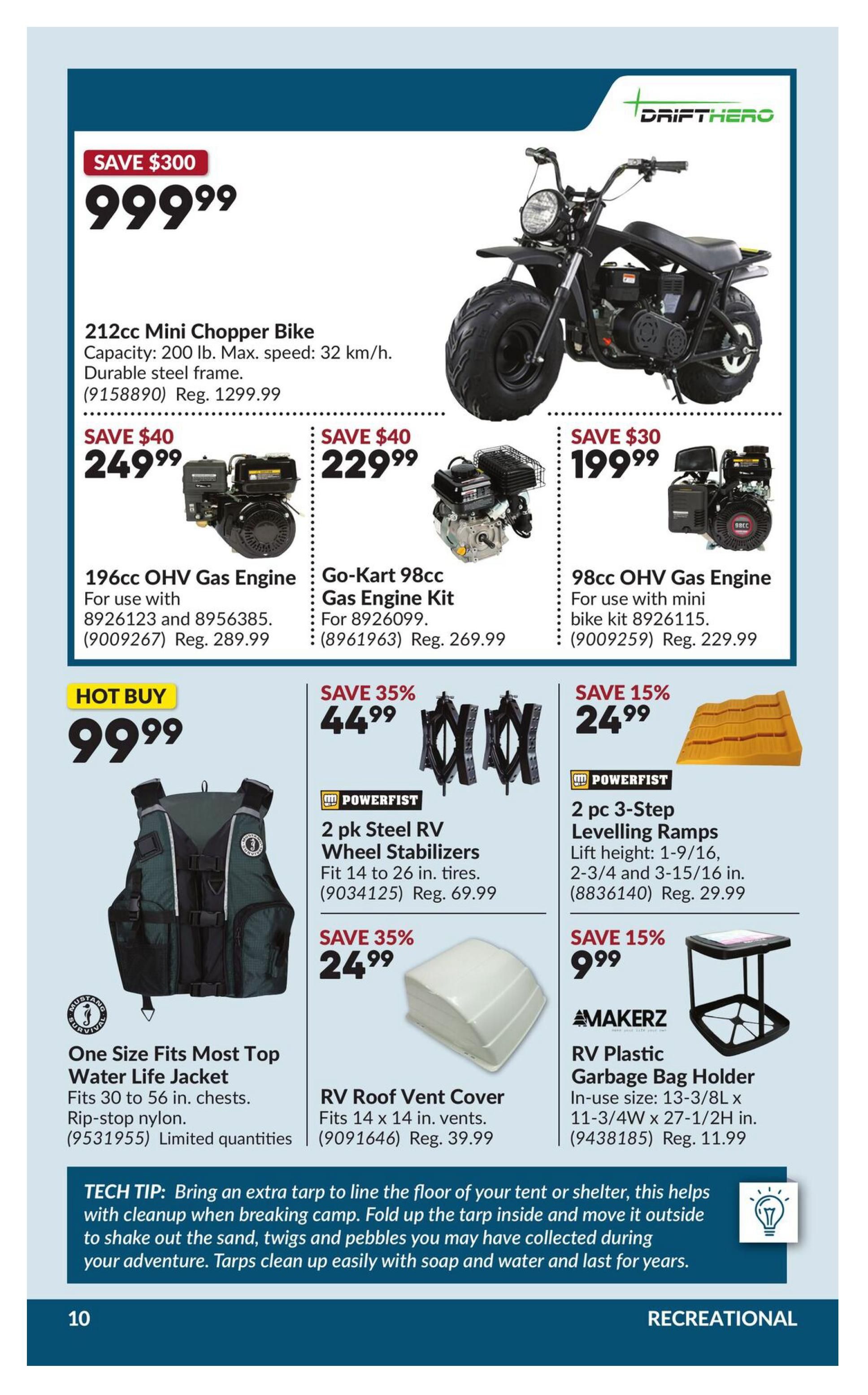 Princess Auto flyer specials page 20 features a 212cc Mini Chopper Bike for $999.99, saving $300. Also available are a 196cc OHV Gas Engine for $249.99 (save $40), a Go-Kart 98cc Gas Engine Kit for $229.99 (save $40), and a 98cc OHV Gas Engine for $199.99 (save $30). Hot Buy: A One Size Fits Most Top Water Life Jacket is $99.99. Other deals include a 2 pk Steel RV Wheel Stabilizers for $44.99 (save 35%), 2 pc 3-Step Levelling Ramps for $24.99 (save 15%), and an RV Roof Vent Cover for $24.99 (save 35%). Makerz RV Plastic Garbage Bag Holder is $9.99 (save 15%). Includes a tech tip about using tarps for camping cleanup.