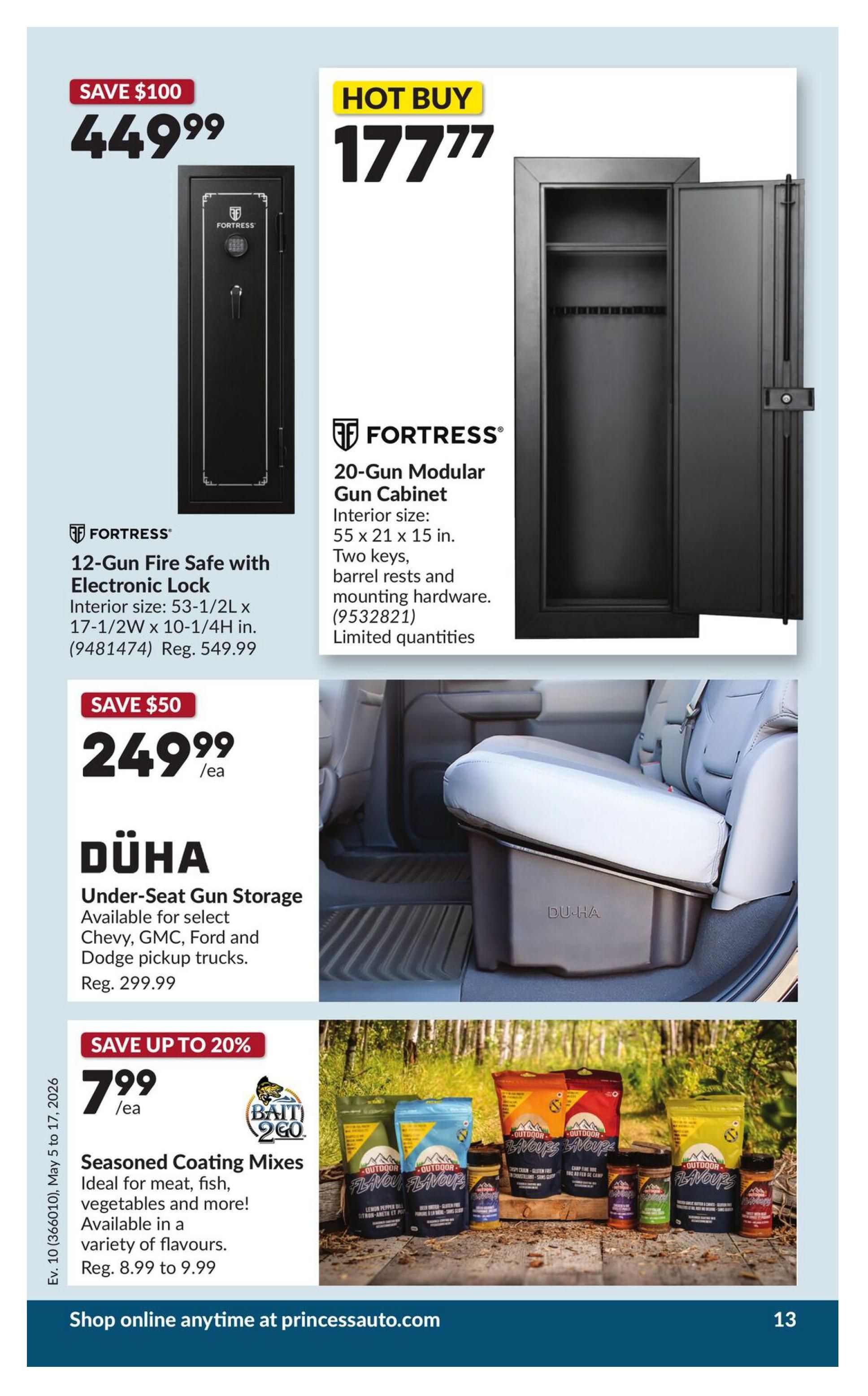 Princess Auto flyer specials page 23 features a Fortress 12-Gun Fire Safe with Electronic Lock for $449.99, a saving of $100. It has interior dimensions of 53-1/2L x 17-1/2W x 10-1/4H. Also featured is a Fortress 20-Gun Modular Gun Cabinet, a hot buy for $177.77, with interior dimensions of 55 x 21 x 15 inches, including two keys, barrel rests, and mounting hardware. Below, find DÜHA Under-Seat Gun Storage for select Chevy, GMC, Ford, and Dodge pickup trucks, priced at $249.99, a saving of $50 from the regular price of $299.99. Finally, save up to 20% on Seasoned Coating Mixes for $7.99 each, ideal for meat, fish, and vegetables, available in a variety of flavours, with regular prices ranging from $8.99 to $9.99. Shop online at princessauto.com.