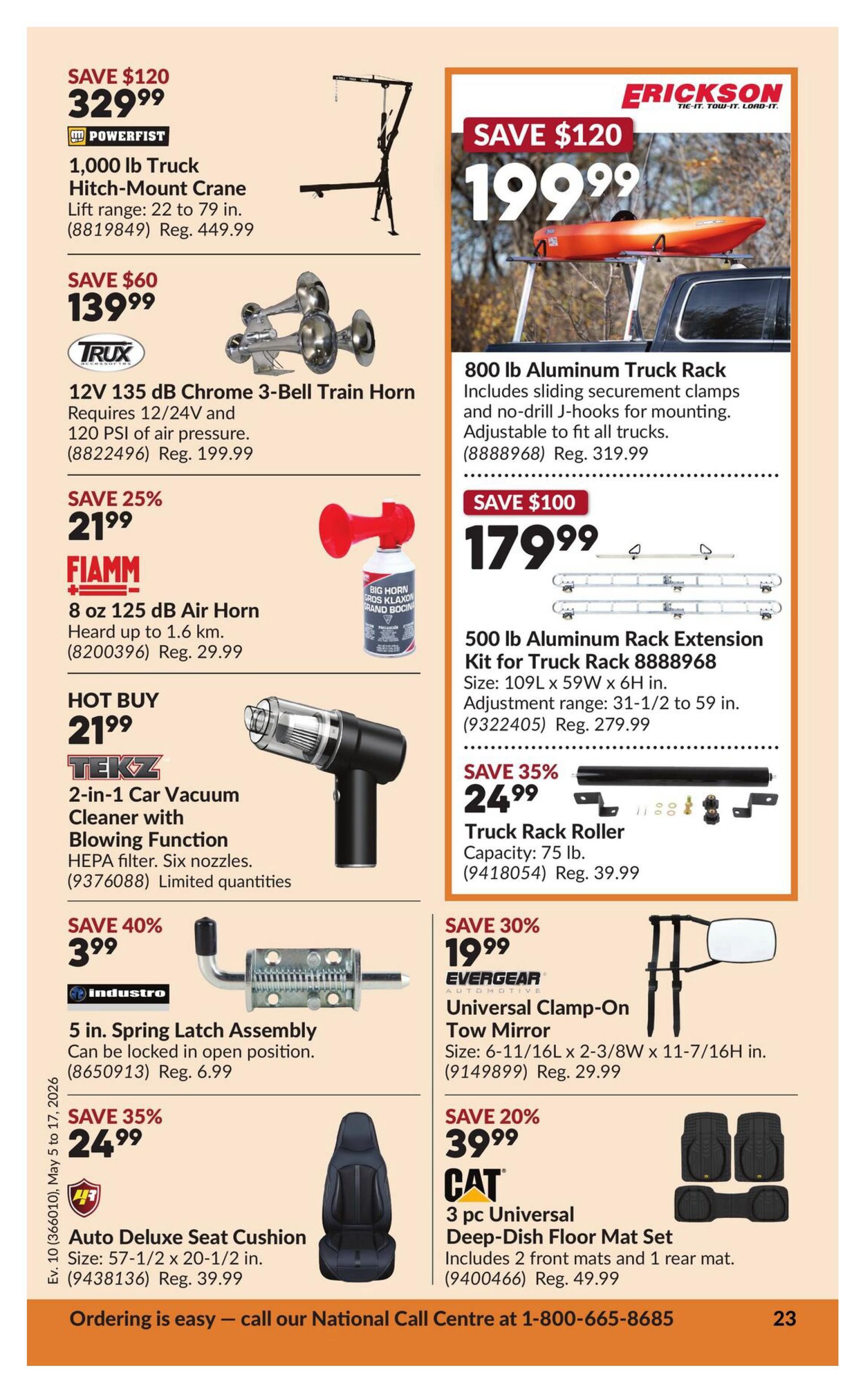 Princess Auto flyer specials page 33. Featured products include a Powerfist 1,000 lb Truck Hitch-Mount Crane on sale for $329.99 (regular $449.99). A Trux 12V 135 dB Chrome 3-Bell Train Horn is available for $139.99 (regular $199.99). The Fiamm 8 oz 125 dB Air Horn is on sale for $21.99 (regular $29.99). A Tekz 2-in-1 Car Vacuum Cleaner with Blowing Function is a hot buy at $21.99 and has limited quantities. An Industro 5 in. Spring Latch Assembly is 40% off at $3.99 (regular $6.99). The Auto Deluxe Seat Cushion is 35% off at $24.99 (regular $39.99). On the right side, an Erickson 800 lb Aluminum Truck Rack is on sale for $199.99 (regular $319.99). The 500 lb Aluminum Rack Extension Kit for Truck Rack 8888968 is $179.99 (regular $279.99). A Truck Rack Roller with 75 lb capacity is 35% off at $24.99 (regular $39.99). The Evergear Universal Clamp-On Tow Mirror is 30% off at $19.99 (regular $29.99). Finally, the CAT 3 pc Universal Deep-Dish Floor Mat Set is 20% off at $39.99 (regular $49.99).