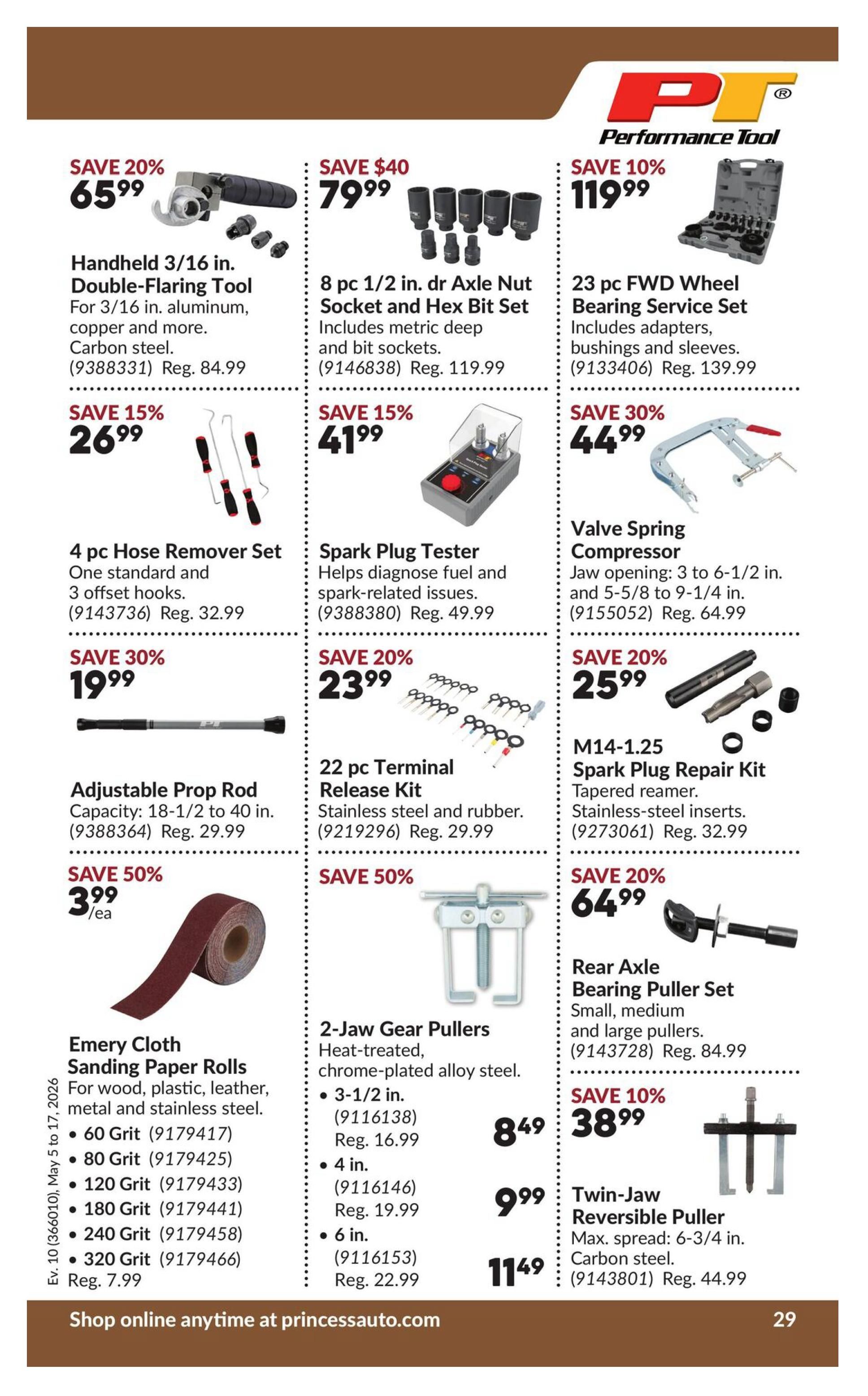 Princess Auto flyer specials page 39. Featured items include a Handheld 3/16 in. Double-Flaring Tool for $65.99 (save 20%), an 8 pc 1/2 in. dr Axle Nut Socket and Hex Bit Set for $79.99 (save $40), and a 23 pc FWD Wheel Bearing Service Set for $119.99 (save 10%). Also available are a 4 pc Hose Remover Set for $26.99 (save 15%), a Spark Plug Tester for $41.99 (save 15%), and a Valve Spring Compressor for $44.99 (save 30%). Additional deals include an Adjustable Prop Rod for $19.99 (save 30%), a 22 pc Terminal Release Kit for $23.99 (save 20%), an M14-1.25 Spark Plug Repair Kit for $25.99 (save 20%), Emery Cloth Sanding Paper Rolls starting at $3.99/ea (save 50%), 2-Jaw Gear Pullers starting at $8.49, and a Rear Axle Bearing Puller Set for $64.99 (save 20%). Finally, a Twin-Jaw Reversible Puller is on sale for $38.99 (save 10%). Shop online at princessauto.com.