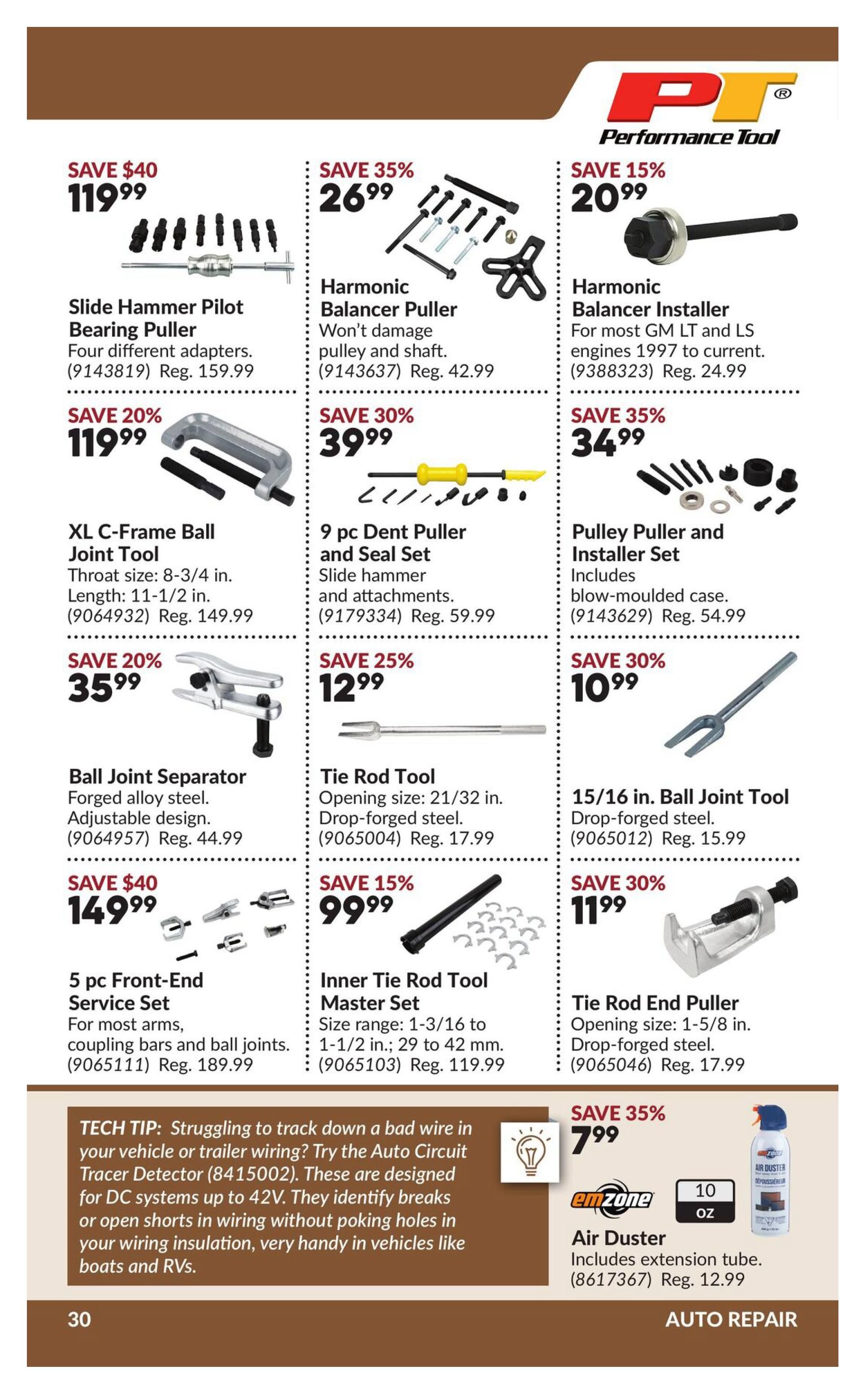 Princess Auto flyer specials page 40 features a variety of auto repair tools. Save $40 on the Slide Hammer Pilot Bearing Puller for $119.99. Save 35% on the Harmonic Balancer Puller for $26.99. Save 15% on the Harmonic Balancer Installer for $20.99. Save 20% on the XL C-Frame Ball Joint Tool for $119.99. Save 30% on the 9 pc Dent Puller and Seal Set for $39.99. Save 35% on the Pulley Puller and Installer Set for $34.99. Save 20% on the Ball Joint Separator for $35.99. Save 25% on the Tie Rod Tool for $12.99. Save 15% on the 15/16 in. Ball Joint Tool for $99.99. Save $40 on the 5 pc Front-End Service Set for $149.99. Save 15% on the Inner Tie Rod Tool Master Set for $99.99. Save 30% on the Tie Rod End Puller for $11.99. Also featured is a Tech Tip on using the Auto Circuit Tracer Detector for $7.99, which includes an extension tube and is on sale for 35% off. The page also shows an Air Duster for $7.99.