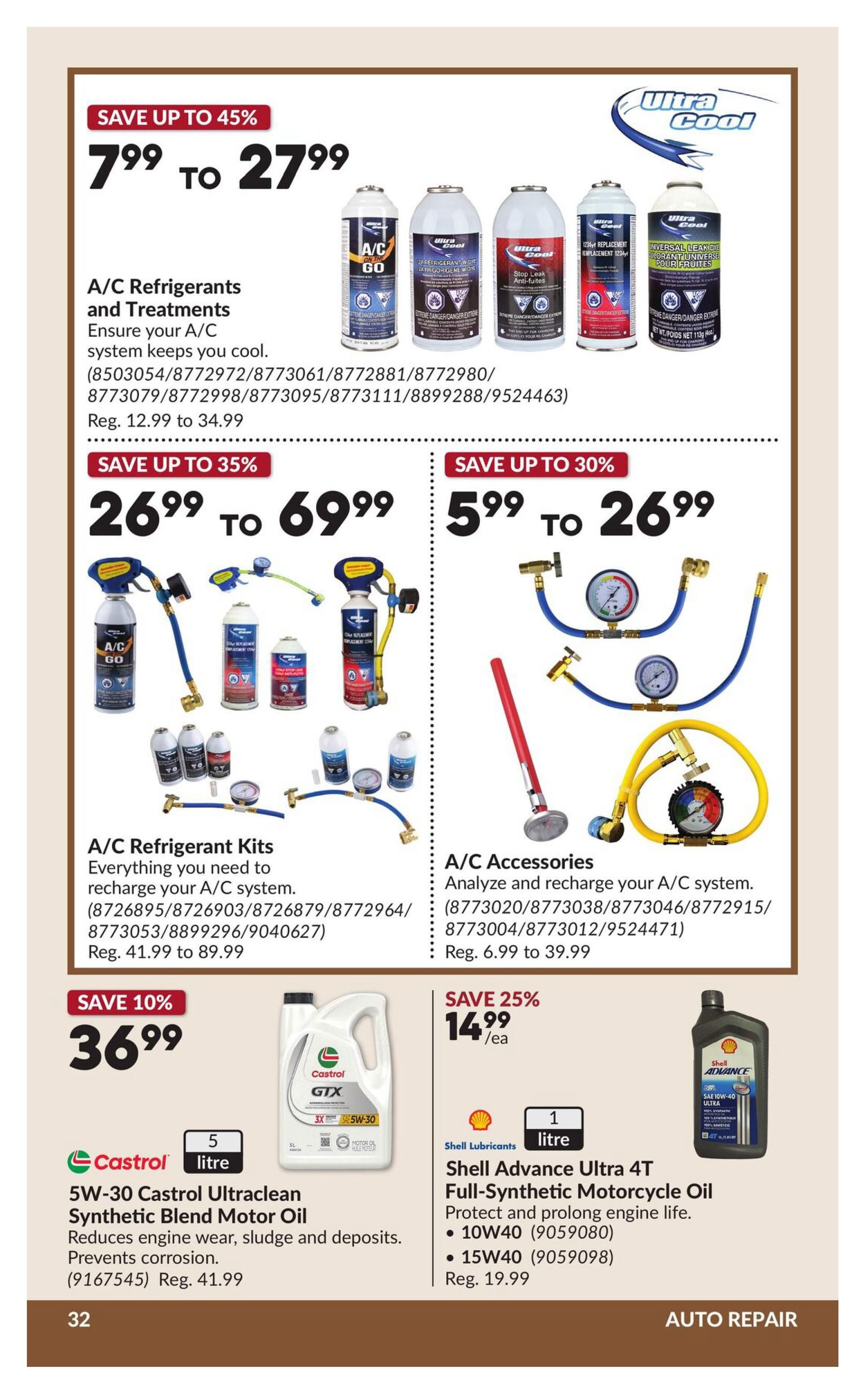 Princess Auto flyer page 42 features auto repair specials. Save up to 45% on A/C Refrigerants and Treatments, priced from $7.99 to $27.99. Save up to 35% on A/C Refrigerant Kits, priced from $26.99 to $69.99. Save up to 30% on A/C Accessories, priced from $5.99 to $26.99. Also featured is 5W-30 Castrol Ultraclean Synthetic Blend Motor Oil, on sale for $36.99 (save 10%), regular price $41.99. Additionally, Shell Advance Ultra 4T Full-Synthetic Motorcycle Oil is on sale for $14.99 each (save 25%), available in 10W40 and 15W40, regular price $19.99.