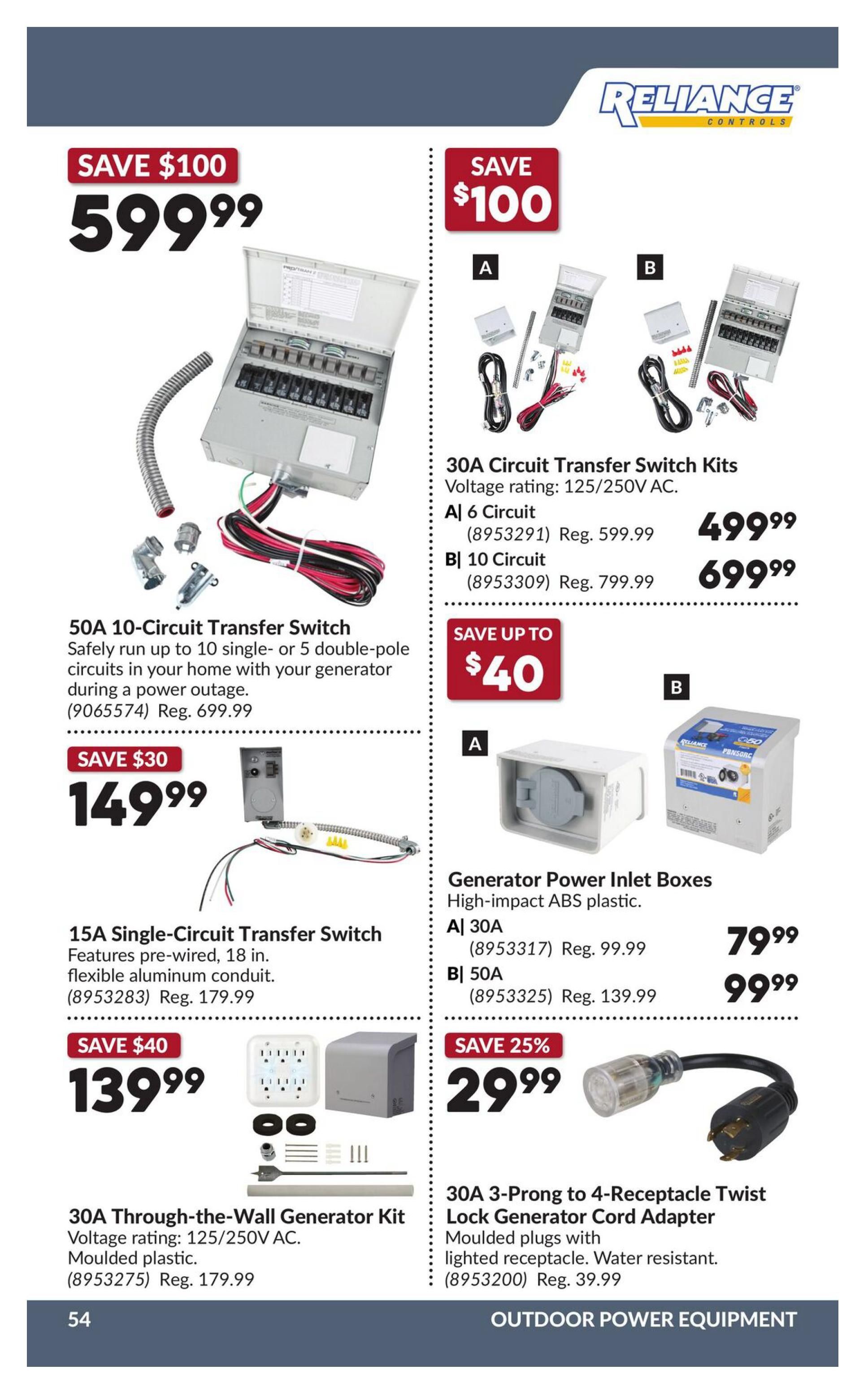 Princess Auto flyer page 64 features outdoor power equipment. A 50A 10-Circuit Transfer Switch is on sale for $599.99, saving $100. Also available is a 15A Single-Circuit Transfer Switch for $149.99 (save $30), featuring pre-wired 18 in. flexible aluminum conduit. A 30A Through-the-Wall Generator Kit is priced at $139.99 (save $40), with a voltage rating of 125/250V AC and moulded plastic construction. On the right side, Reliance Controls 30A Circuit Transfer Switch Kits are available: A) 6 Circuit for $499.99 (regular $599.99) and B) 10 Circuit for $699.99 (regular $799.99), both with a voltage rating of 125/250V AC. Generator Power Inlet Boxes made of high-impact ABS plastic are also featured: A) 30A for $79.99 (regular $99.99) and B) 50A for $99.99 (regular $139.99). Finally, a 30A 3-Prong to 4-Receptacle Twist Lock Generator Cord Adapter is on sale for $29.99 (save 25%), featuring moulded plugs with a lighted receptacle and water-resistant design.