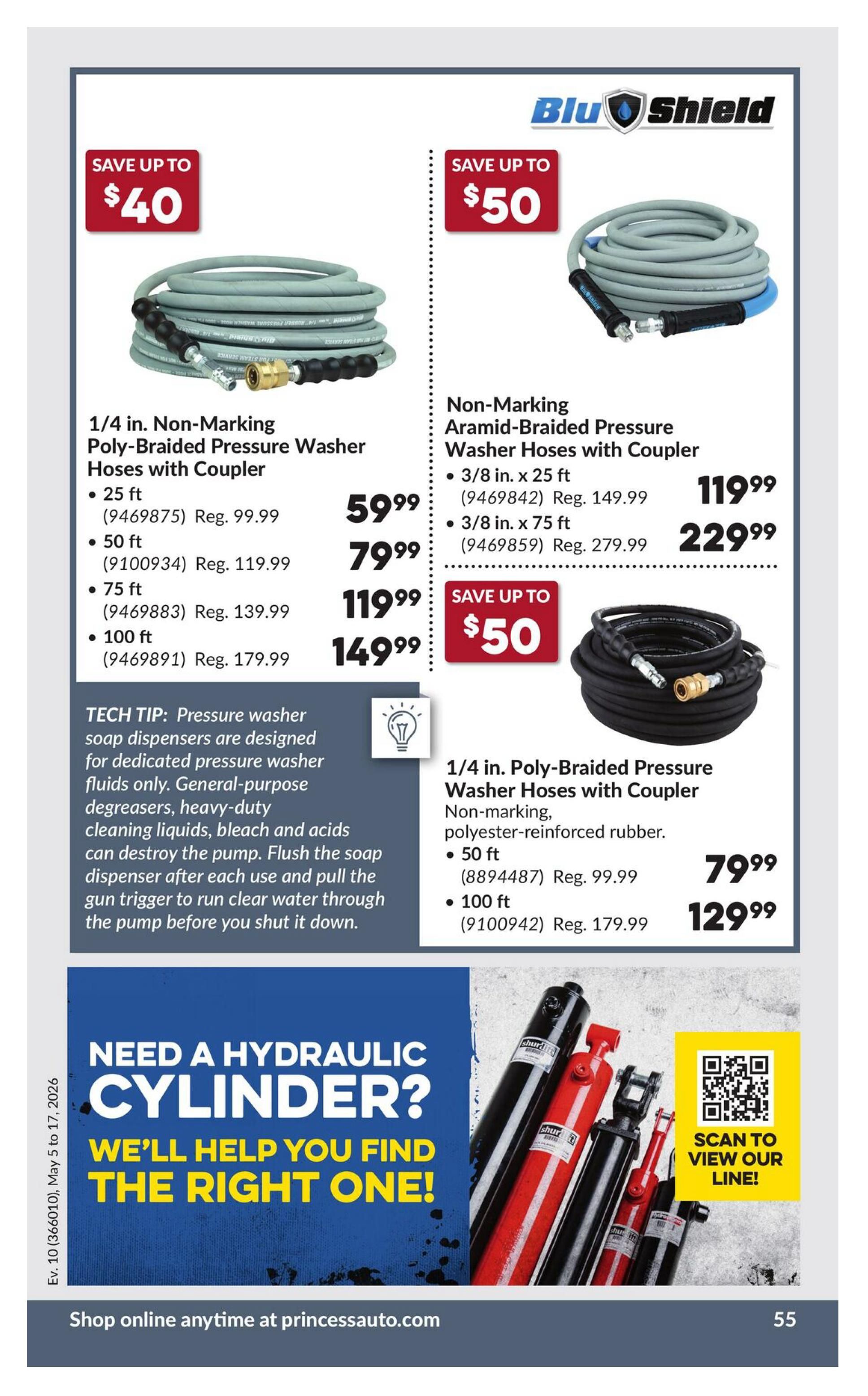 Princess Auto flyer specials page 65 features various pressure washer hoses and a section on hydraulic cylinders. On the left, save up to $40 on 1/4 in. non-marking poly-braided pressure washer hoses with coupler. Available in 25 ft for $59.99 (reg. $99.99), 50 ft for $79.99 (reg. $119.99), 75 ft for $119.99 (reg. $139.99), and 100 ft for $149.99 (reg. $179.99). A tech tip advises on using soap dispensers with pressure washer fluids only and flushing the pump after use. In the top right, save up to $50 on non-marking Aramid-braided pressure washer hoses with coupler, available in 3/8 in. x 25 ft for $119.99 (reg. $149.99) and 3/8 in. x 75 ft for $229.99 (reg. $279.99). Below that, save up to $50 on 1/4 in. poly-braided pressure washer hoses with coupler, made of non-marking, polyester-reinforced rubber. Available in 50 ft for $79.99 (reg. $99.99) and 100 ft for $129.99 (reg. $179.99). The bottom section asks 'Need a hydraulic cylinder? We'll help you find the right one!' with an image of various hydraulic cylinders and a QR code to scan to view their line. The flyer is valid from May 5 to May 17, 2026. Shop online anytime at princessauto.com.