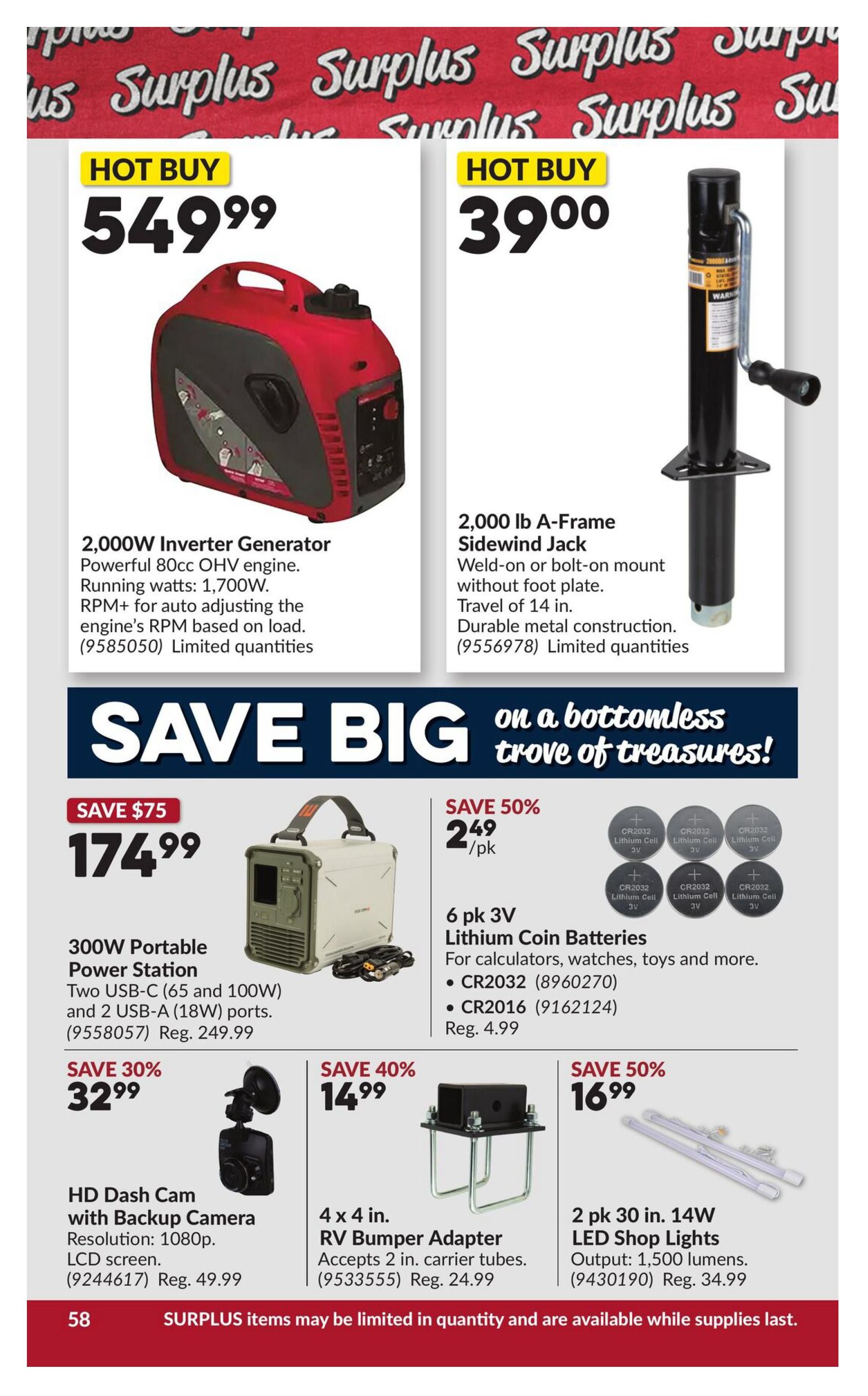 Princess Auto flyer page 68 features a 'Hot Buy' 2,000W Inverter Generator for $549.99, with 1,700W running watts and RPM+ for auto adjusting engine speed based on load. Also featured is a 'Hot Buy' 2,000 lb A-Frame Sidewind Jack for $39.00, with weld-on or bolt-on mount and 14 in. travel. The 'Save Big' section includes a 300W Portable Power Station for $174.99 (Save $75), featuring two USB-C and two USB-A ports. Additionally, there's a 6 pk 3V Lithium Coin Batteries offer at $2.49/pk (Save 50%), suitable for calculators, watches, and toys, including CR2032 and CR2016 types. An HD Dash Cam with Backup Camera is available for $32.99 (Save 30%), with 1080p resolution and LCD screen. A 4 x 4 in. RV Bumper Adapter is priced at $14.99 (Save 40%), accepting 2 in. carrier tubes. Finally, a 2 pk 30 in. 14W LED Shop Lights are on sale for $16.99 (Save 50%), with 1,500 lumens output. All items are limited quantities and available while supplies last.