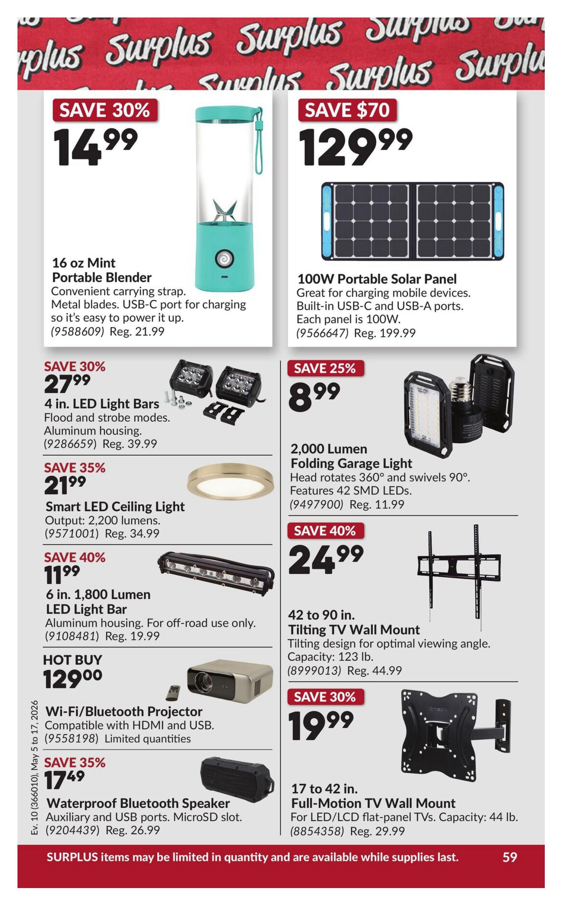 Princess Auto flyer page 69 featuring surplus items. Deals include a 16 oz Mint Portable Blender for $14.99 (save 30%), a 100W Portable Solar Panel for $129.99 (save $70), 4 in. LED Light Bars for $27.99 (save 30%), a 2,000 Lumen Folding Garage Light for $8.99 (save 25%), a Smart LED Ceiling Light for $21.99 (save 35%), a 6 in. 1,800 Lumen LED Light Bar for $11.99 (save 40%), a Wi-Fi/Bluetooth Projector (Hot Buy) for $129.00, a 42 to 90 in. Tilting TV Wall Mount for $24.99 (save 40%), a 17 to 42 in. Full-Motion TV Wall Mount for $19.99 (save 30%), and a Waterproof Bluetooth Speaker for $17.49 (save 35%). All surplus items are available while supplies last and may be limited in quantity.