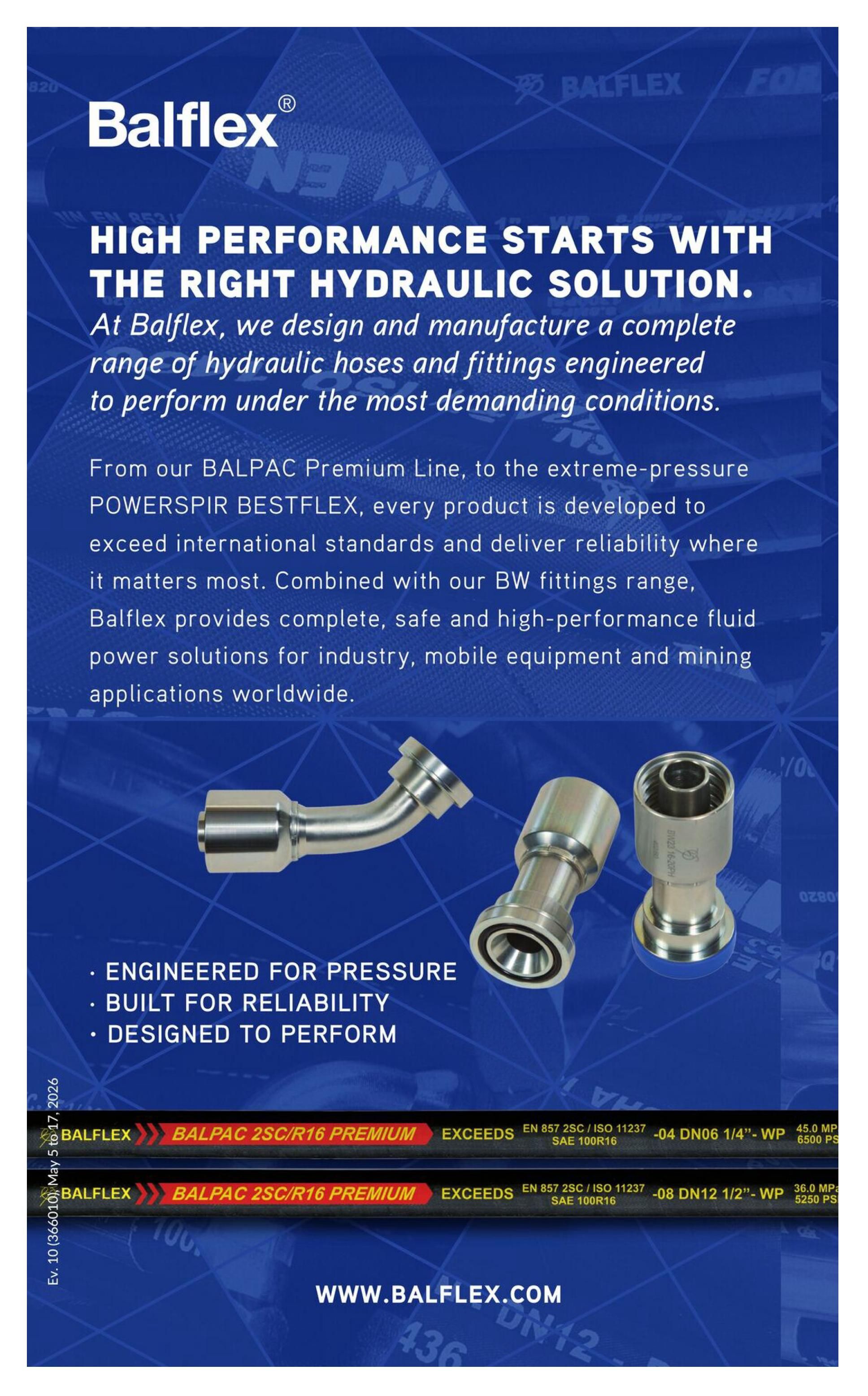 Princess Auto flyer, page 75. This page features Balflex hydraulic solutions, highlighting their high performance, engineered design for pressure, built-in reliability, and performance under demanding conditions. It showcases products from the BALPAC Premium Line and POWERSPIR BESTFLEX, designed to exceed international standards. The page also mentions the BW fittings range for industry, mobile equipment, and mining applications. Specific products shown include BALFLEX BALPAC 2SC/R16 PREMIUM hoses with specifications like EN 857 2SC / ISO 11237, SAE 100R16, -04 DN06 1/4' with 45.0 MPa / 6500 PSI working pressure, and -08 DN12 1/2' with 36.0 MPa / 5250 PSI working pressure. The website www.balflex.com is also displayed.