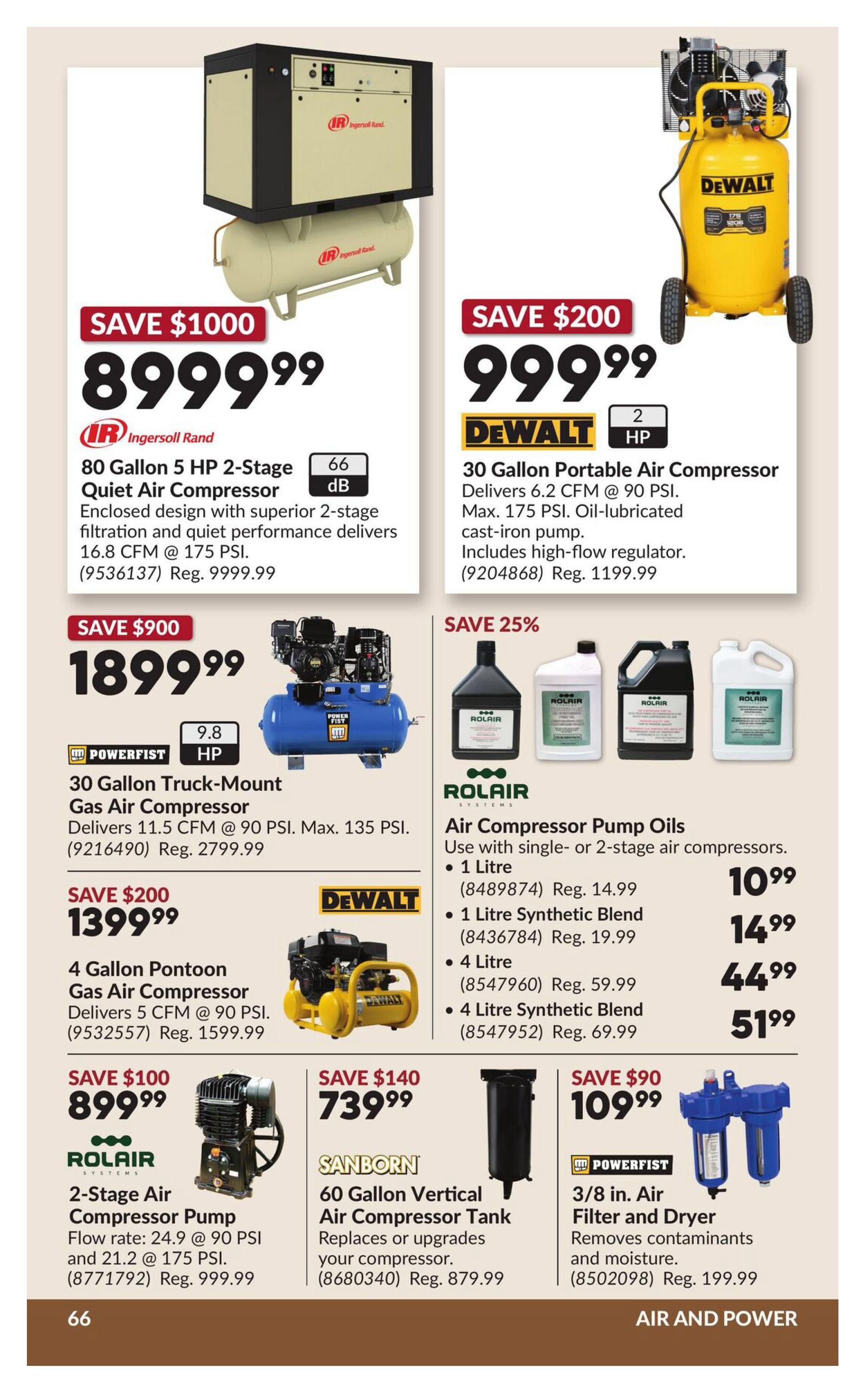 Princess Auto flyer specials page 76 features air compressors and related accessories. On the left, save $1000 on an 80 Gallon 5 HP 2-Stage Quiet Air Compressor by Ingersoll Rand for $899.99 (Reg. $9999.99). Below, save $900 on a 30 Gallon Truck-Mount Gas Air Compressor by POWERFIST for $1899.99 (Reg. $2799.99). Also, save $200 on a 4 Gallon Pontoon Gas Air Compressor by DEWALT for $1399.99 (Reg. $1599.99). Save $100 on a ROLAIR 2-Stage Air Compressor Pump for $899.99 (Reg. $999.99). In the centre, save $200 on a DEWALT 30 Gallon Portable Air Compressor for $999.99 (Reg. $1199.99). To the right, save 25% on ROLAIR Air Compressor Pump Oils: 1 Litre for $10.99 (Reg. $14.99), 1 Litre Synthetic Blend for $14.99 (Reg. $19.99), 4 Litre for $44.99 (Reg. $59.99), and 4 Litre Synthetic Blend for $51.99 (Reg. $69.99). Also, save $140 on a SANBORN 60 Gallon Vertical Air Compressor Tank for $739.99 (Reg. $879.99). Finally, save $90 on a POWERFIST 3/8 in. Air Filter and Dryer for $109.99 (Reg. $199.99). The page is titled 'AIR AND POWER'.