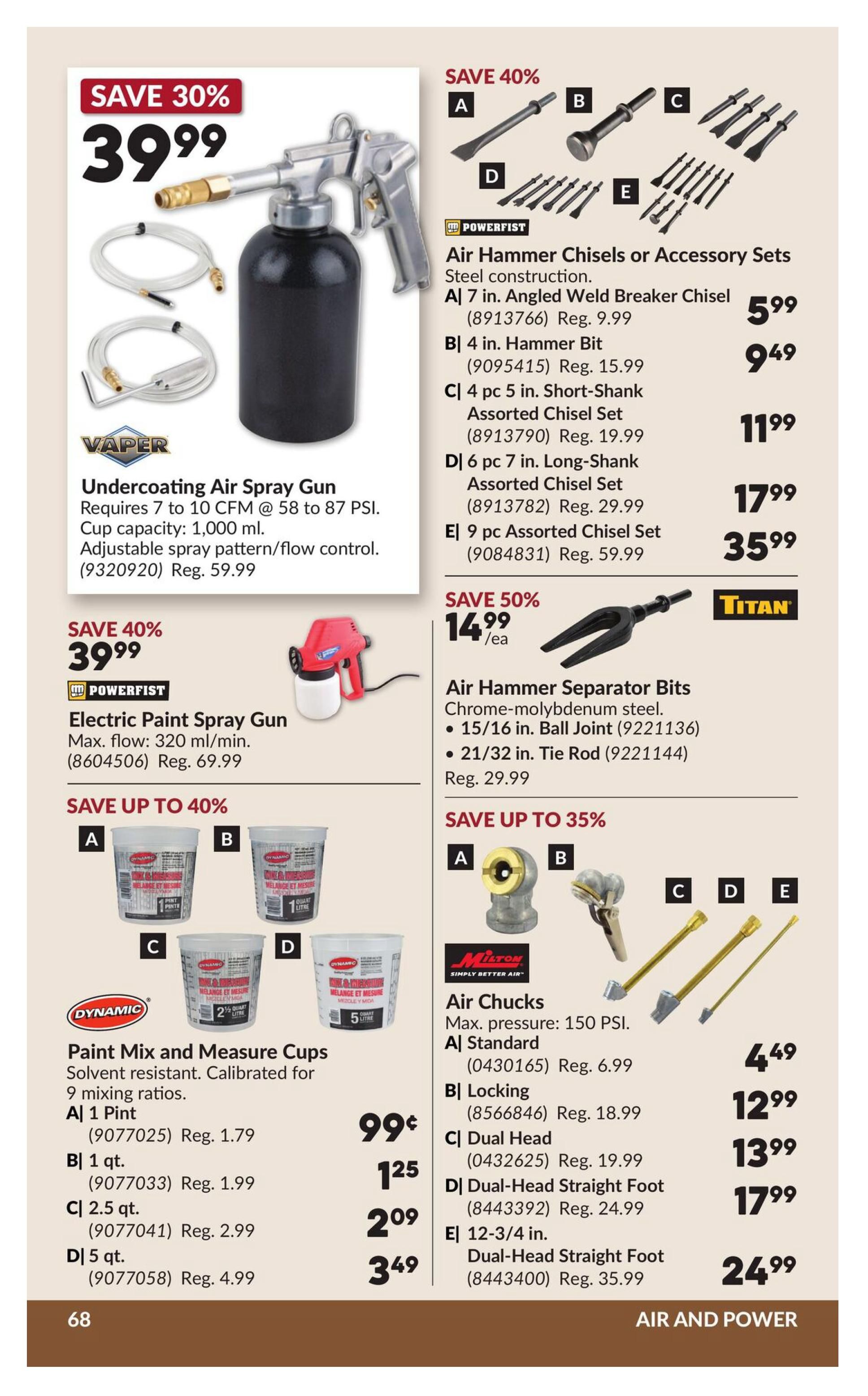 Princess Auto flyer page 78 features a VAPER Undercoating Air Spray Gun on sale for 30% off, priced at $39.99, requiring 7 to 10 CFM at 58 to 87 PSI with a 1,000 ml cup capacity. Also featured is a POWERFIST Electric Paint Spray Gun for $39.99 (save 40%), with a max flow of 320 ml/min. Several POWERFIST Air Hammer Chisels or Accessory Sets are available, including a 7 in. Angled Weld Breaker Chisel for $5.99, a 4 in. Hammer Bit for $9.49, a 4 pc 5 in. Short-Shank Assorted Chisel Set for $11.99, a 6 pc 7 in. Long-Shank Assorted Chisel Set for $17.99, and a 9 pc Assorted Chisel Set for $35.99. Titan Air Hammer Separator Bits are on sale for 50% off at $14.99/ea, made of chrome-molybdenum steel, with options for 15/16 in. Ball Joint and 21/32 in. Tie Rod. Dynamic Paint Mix and Measure Cups are available in 1 Pint for $0.99, 1 qt. for $1.25, 2.5 qt. for $2.09, and 5 qt. for $3.49. Milton Air Chucks with a max pressure of 150 PSI are also featured, including Standard for $4.49, Locking for $12.99, Dual Head for $13.99, Dual-Head Straight Foot for $17.99, and a 12-3/4 in. Dual-Head Straight Foot for $24.99.