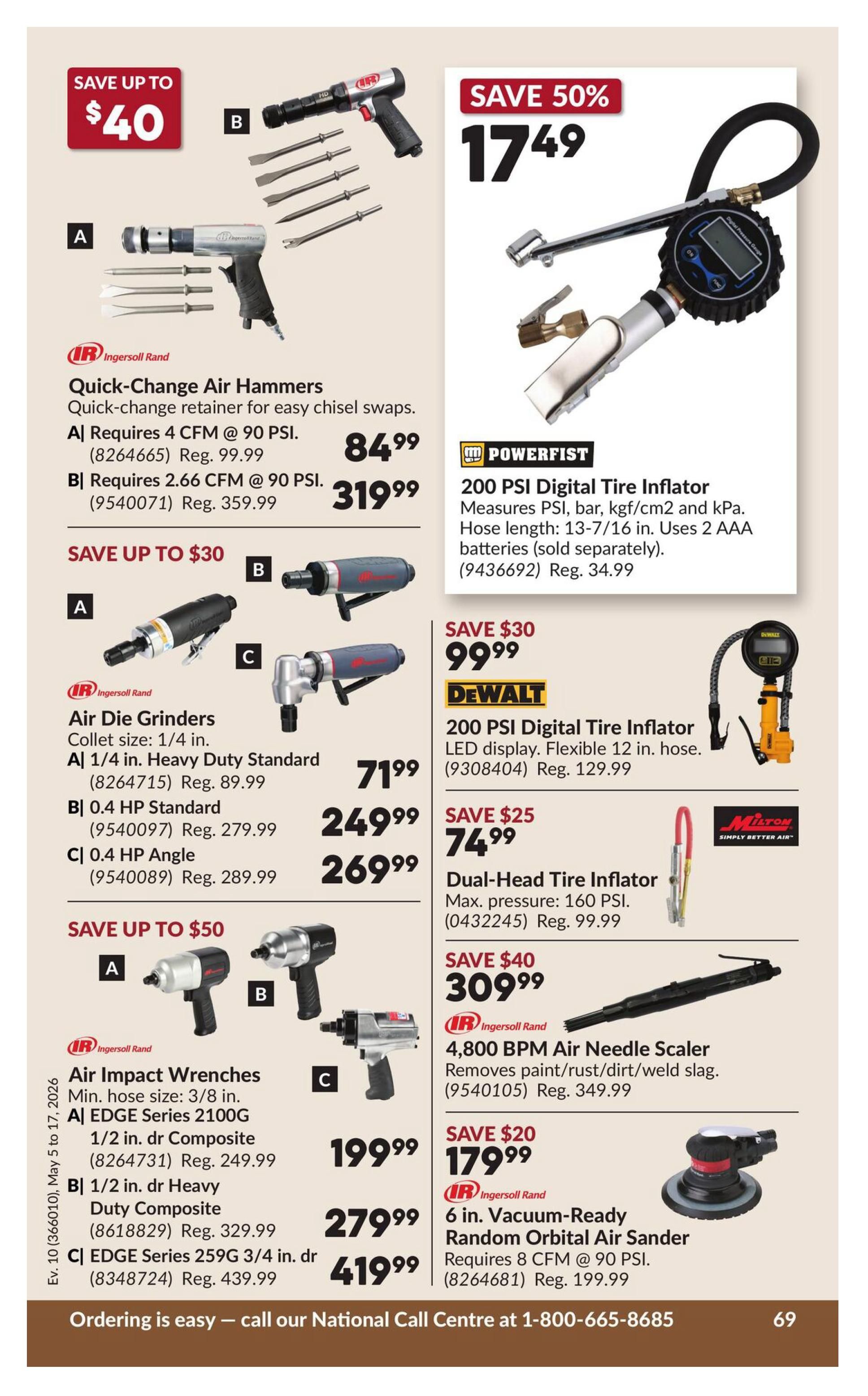 Princess Auto flyer page 79 features various air tools and accessories. On the left, Ingersoll Rand Quick-Change Air Hammers are on sale, with model A requiring 4 CFM @ 90 PSI for $84.99 (Reg. $99.99) and model B requiring 2.66 CFM @ 90 PSI for $319.99 (Reg. $359.99). Also available are Ingersoll Rand Air Die Grinders with collet size 1/4 in.: model A 1/4 in. Heavy Duty Standard for $71.99 (Reg. $89.99), model B 0.4 HP Standard for $249.99 (Reg. $279.99), and model C 0.4 HP Angle for $269.99 (Reg. $289.99). Ingersoll Rand Air Impact Wrenches with a minimum hose size of 3/8 in. are featured: model A EDGE Series 2100G 1/2 in. dr Composite for $199.99 (Reg. $249.99), model B 1/2 in. dr Heavy Duty Composite for $279.99 (Reg. $329.99), and model C EDGE Series 259G 3/4 in. dr for $419.99 (Reg. $439.99). On the right, a Powerfist 200 PSI Digital Tire Inflator is on sale for $17.49 (Save 50%). The DeWalt 200 PSI Digital Tire Inflator with LED display and flexible 12 in. hose is $99.99 (Save $30, Reg. $129.99). A Milton Dual-Head Tire Inflator with a max pressure of 160 PSI is $74.99 (Save $25, Reg. $99.99). An Ingersoll Rand 4,800 BPM Air Needle Scaler, which removes paint/rust/dirt/weld slag, is $309.99 (Save $40, Reg. $349.99). Lastly, an Ingersoll Rand 6 in. Vacuum-Ready Random Orbital Air Sander requiring 8 CFM @ 90 PSI is $179.99 (Save $20, Reg. $199.99). The flyer is valid from May 5 to May 17, 2026.
