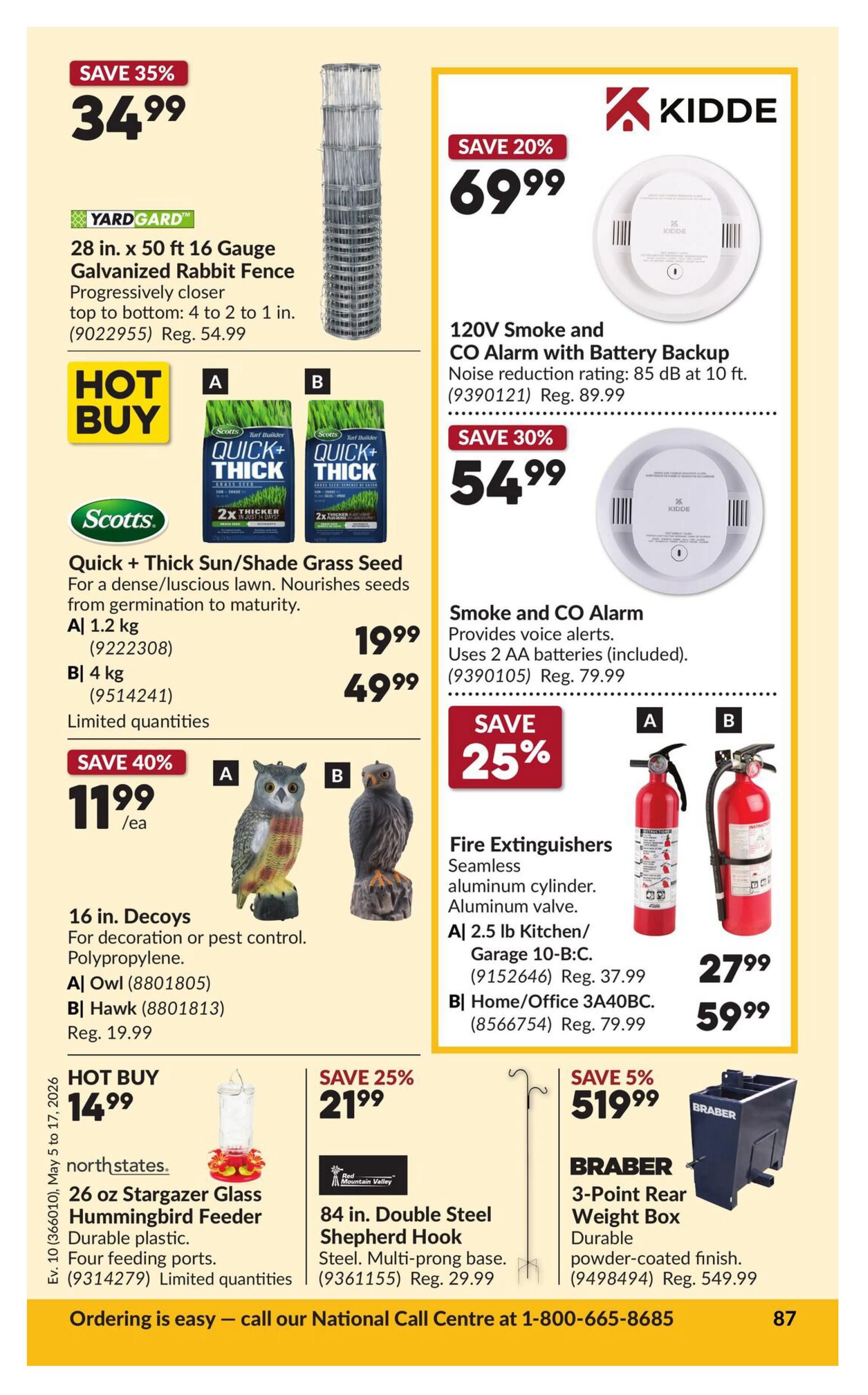 Princess Auto flyer specials page 97. Features Yard Gard 28 in. x 50 ft 16 Gauge Galvanized Rabbit Fence for $34.99, saving 35%. Also, Kidde 120V Smoke and CO Alarm with Battery Backup for $69.99, saving 20%, and another Kidde Smoke and CO Alarm for $54.99, saving 30%. Scotts Quick + Thick Sun/Shade Grass Seed is available in 1.2 kg for $19.99 and 4 kg for $49.99. 16 in. Decoys, including an Owl and a Hawk, are on sale for $11.99 each, saving 40%. Fire Extinguishers are available in 2.5 lb for $27.99 and 3A40BC for $59.99, saving 25%. Hot Buy: Northstates 26 oz Stargazer Glass Hummingbird Feeder for $14.99. Red Mountain Valley 84 in. Double Steel Shepherd Hook is $21.99, saving 25%. Braber 3-Point Rear Weight Box is $519.99, saving 5%.