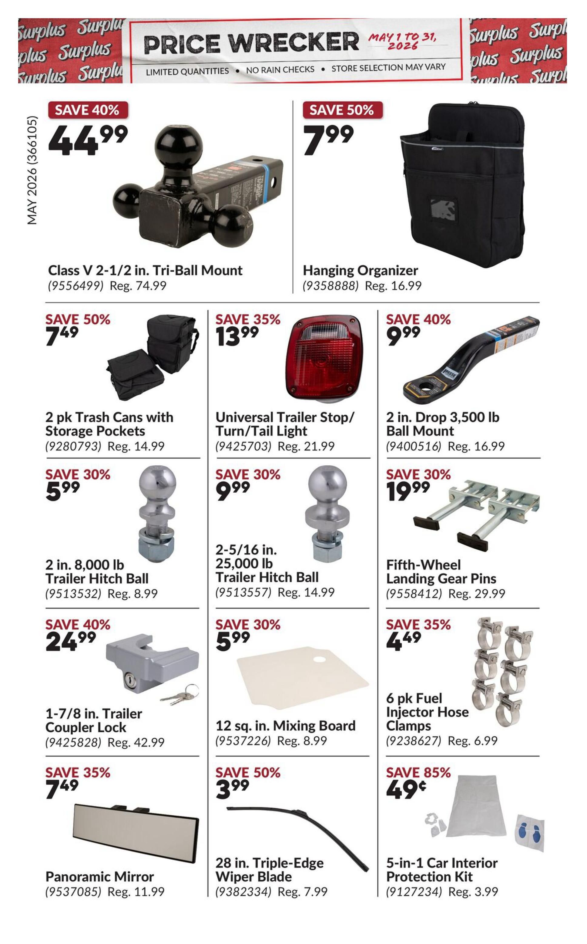 Princess Auto Price Wrecker flyer, page 2. Featured items include a Class V 2-1/2 in. Tri-Ball Mount for $44.99 (regularly $74.99), a Hanging Organizer for $7.99 (regularly $16.99), and a 2 in. Drop 3,500 lb Ball Mount for $9.99 (regularly $16.99). Also available are 2 pk Trash Cans with Storage Pockets for $7.49 (regularly $14.99), a Universal Trailer Stop/Turn/Tail Light for $13.99 (regularly $21.99), a 2-5/16 in. 25,000 lb Trailer Hitch Ball for $9.99 (regularly $14.99), and Fifth-Wheel Landing Gear Pins for $19.99 (regularly $29.99). Additional deals include a 1-7/8 in. Trailer Coupler Lock for $24.99 (regularly $42.99), a 12 sq. in. Mixing Board for $5.99 (regularly $8.99), 6 pk Fuel Injector Hose Clamps for $4.49 (regularly $6.99), a Panoramic Mirror for $7.49 (regularly $11.99), a 28 in. Triple-Edge Wiper Blade for $3.99 (regularly $7.99), and a 5-in-1 Car Interior Protection Kit for $0.49 (regularly $3.99).