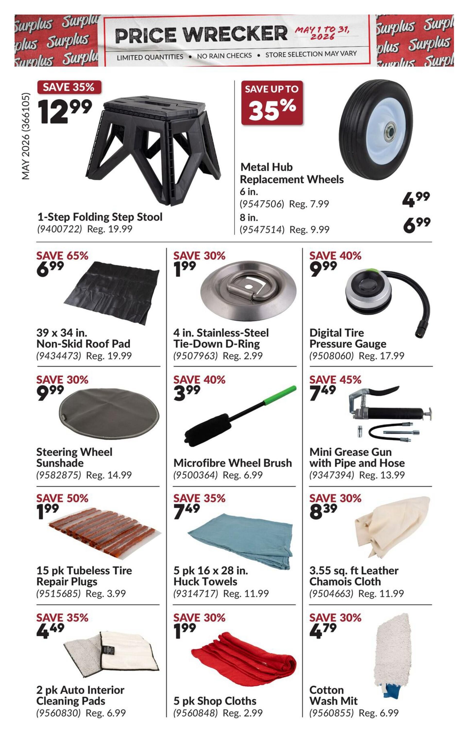 Princess Auto Price Wrecker flyer, Page 3. Featured items include a 1-Step Folding Step Stool on sale for $12.99 (Save 35%, Reg. $19.99). Also available are Metal Hub Replacement Wheels, 6-inch for $4.99 and 8-inch for $6.99. Save 65% on a 39 x 34 in. Non-Skid Roof Pad for $6.99. Get a 4 in. Stainless-Steel Tie-Down D-Ring for $1.99 (Save 30%). A Digital Tire Pressure Gauge is on sale for $9.99 (Save 40%). Other deals include a Steering Wheel Sunshade for $9.99 (Save 30%), a Microfibre Wheel Brush for $3.99 (Save 40%), and a Mini Grease Gun with Pipe and Hose for $7.49 (Save 45%). Also featured are 15 pk Tubeless Tire Repair Plugs for $1.99 (Save 50%), 5 pk 16 x 28 in. Huck Towels for $7.49 (Save 35%), and 3.55 sq. ft Leather Chamois Cloth for $8.39 (Save 30%). Finally, find 2 pk Auto Interior Cleaning Pads for $4.49 (Save 35%), 5 pk Shop Cloths for $1.99 (Save 30%), and a Cotton Wash Mit for $4.79 (Save 30%).