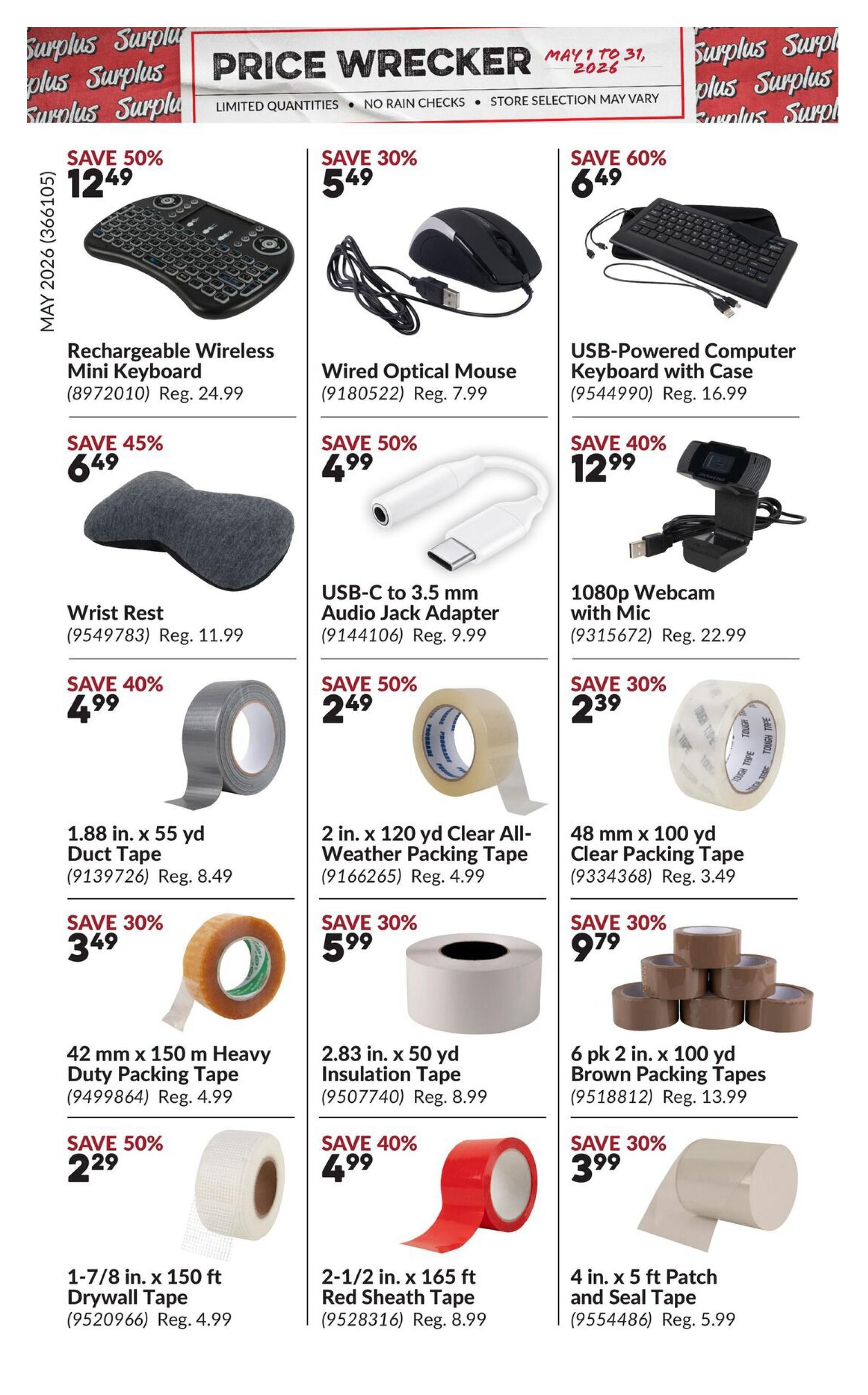 Princess Auto Price Wrecker flyer, Page 7. Featured items include a Rechargeable Wireless Mini Keyboard on sale for $12.49 (save 50%), a Wired Optical Mouse for $5.49 (save 30%), and a USB-Powered Computer Keyboard with Case for $6.49 (save 60%). Also available are a Wrist Rest for $6.49 (save 45%), a USB-C to 3.5 mm Audio Jack Adapter for $4.99 (save 50%), and a 1080p Webcam with Mic for $12.99 (save 40%). Various tapes are on sale: 1.88 in. x 55 yd Duct Tape for $4.99 (save 40%), 2 in. x 120 yd Clear All-Weather Packing Tape for $2.49 (save 50%), 48 mm x 100 yd Clear Packing Tape for $2.39 (save 30%), 42 mm x 150 m Heavy Duty Packing Tape for $3.49 (save 30%), 2.83 in. x 50 yd Insulation Tape for $5.99 (save 30%), 6 pk 2 in. x 100 yd Brown Packing Tapes for $9.79 (save 30%), 1-7/8 in. x 150 ft Drywall Tape for $2.29 (save 50%), 2-1/2 in. x 165 ft Red Sheath Tape for $4.99 (save 40%), and 4 in. x 5 ft Patch and Seal Tape for $3.99 (save 30%). Prices are valid from May 1 to May 31, 2026.