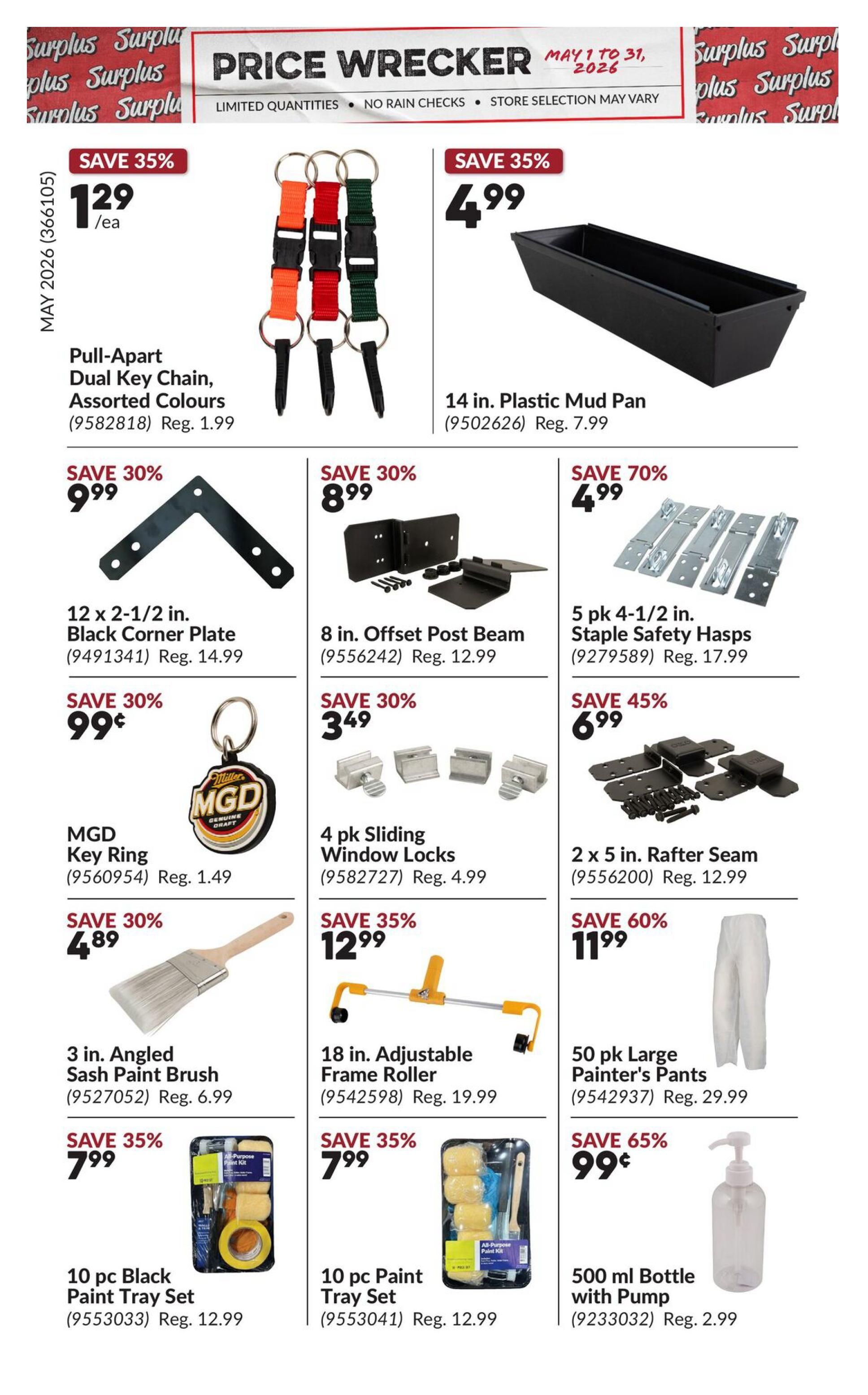 Princess Auto Price Wrecker flyer, page 9. Featured items include a Pull-Apart Dual Key Chain in assorted colours for $1.29 (save 35%), a 14 in. Plastic Mud Pan for $4.99 (save 35%), a 12 x 2-1/2 in. Black Corner Plate for $9.99 (save 30%), an 8 in. Offset Post Beam for $8.99 (save 30%), and a 5 pk 4-1/2 in. Staple Safety Hasps for $4.99 (save 70%). Also available are an MGD Key Ring for $0.99 (save 30%), 4 pk Sliding Window Locks for $3.49 (save 30%), a 2 x 5 in. Rafter Seam for $6.99 (save 45%), a 3 in. Angled Sash Paint Brush for $4.89 (save 30%), an 18 in. Adjustable Frame Roller for $12.99 (save 35%), 50 pk Large Painter's Pants for $11.99 (save 60%), a 10 pc Black Paint Tray Set for $7.99 (save 35%), a 10 pc Paint Tray Set for $7.99 (save 35%), and a 500 ml Bottle with Pump for $0.99 (save 65%).