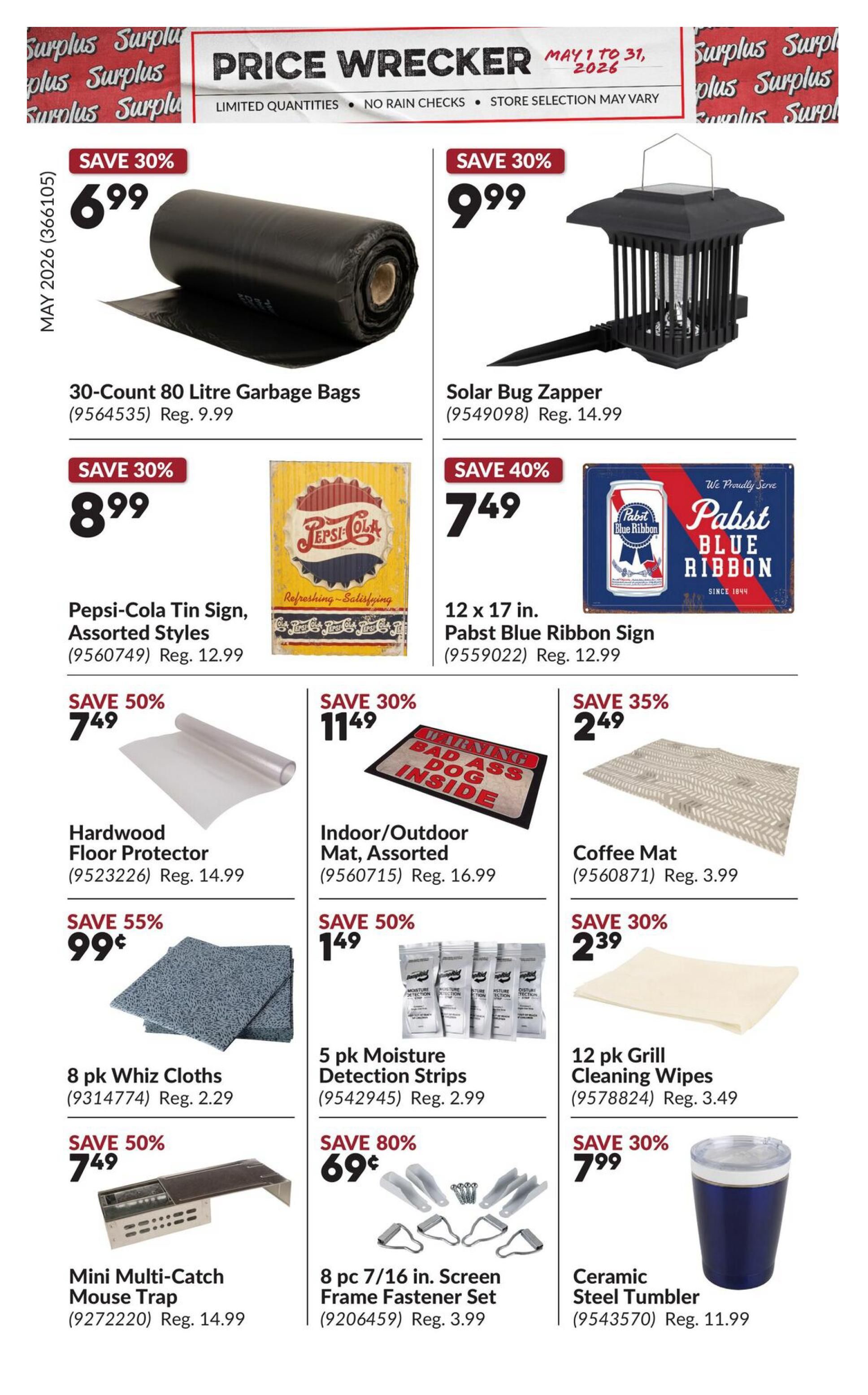 Princess Auto Price Wrecker flyer, Page 10. Featured items include 30-Count 80 Litre Garbage Bags on sale for $6.99 (save 30%), Solar Bug Zapper for $9.99 (save 30%), and a Pepsi-Cola Tin Sign, Assorted Styles for $8.99 (save 30%). Also available are a 12 x 17 in. Pabst Blue Ribbon Sign for $7.49 (save 40%), Hardwood Floor Protector for $7.49 (save 50%), Indoor/Outdoor Mat, Assorted for $11.49 (save 30%), and a Coffee Mat for $2.49 (save 35%). Additional deals include 8 pk Whiz Cloths for $0.99 (save 55%), 5 pk Moisture Detection Strips for $1.49 (save 50%), 12 pk Grill Cleaning Wipes for $2.39 (save 30%), Mini Multi-Catch Mouse Trap for $7.49 (save 50%), 8 pc 7/16 in. Screen Frame Fastener Set for $0.69 (save 80%), and a Ceramic Steel Tumbler for $7.99 (save 30%).