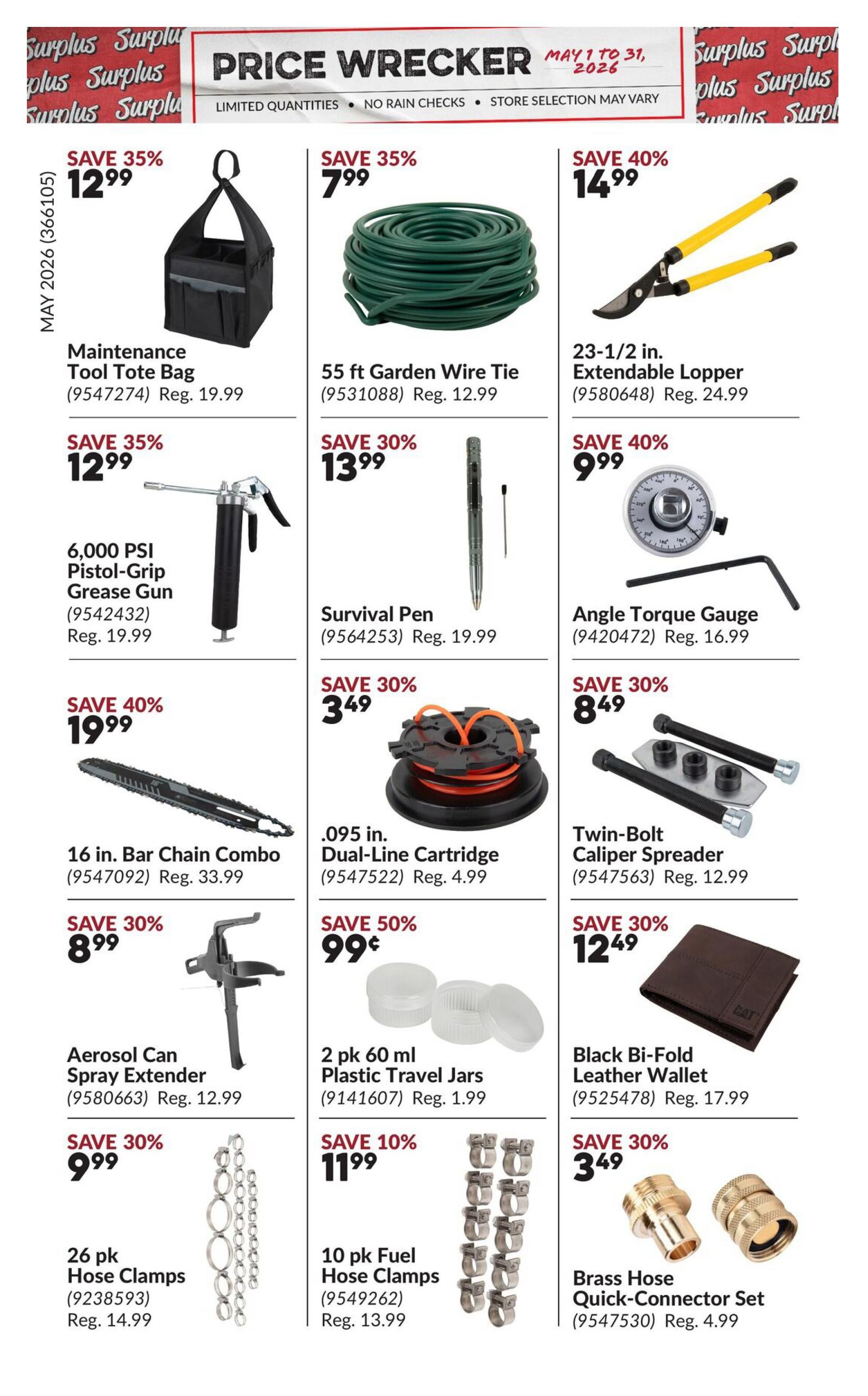 Princess Auto Price Wrecker flyer, Page 14, featuring savings from May 1 to 31, 2026. Deals include a Maintenance Tool Tote Bag for $12.99 (save 35%), 55 ft Garden Wire Tie for $7.99 (save 35%), and a 23-1/2 in. Extendable Lopper for $14.99 (save 40%). Also available are a 6,000 PSI Pistol-Grip Grease Gun for $12.99 (save 35%), a Survival Pen for $13.99 (save 30%), and an Angle Torque Gauge for $9.99 (save 40%). Additional offers include a 16 in. Bar Chain Combo for $19.99 (save 40%), a .095 in. Dual-Line Cartridge for $3.49 (save 30%), and a Twin-Bolt Caliper Spreader for $8.49 (save 30%). Get an Aerosol Can Spray Extender for $8.99 (save 30%), 2 pk 60 ml Plastic Travel Jars for $0.99 (save 50%), and a Black Bi-Fold Leather Wallet for $12.49 (save 30%). Finally, find 26 pk Hose Clamps for $9.99 (save 30%), 10 pk Fuel Hose Clamps for $11.99 (save 10%), and a Brass Hose Quick-Connector Set for $3.49 (save 30%).