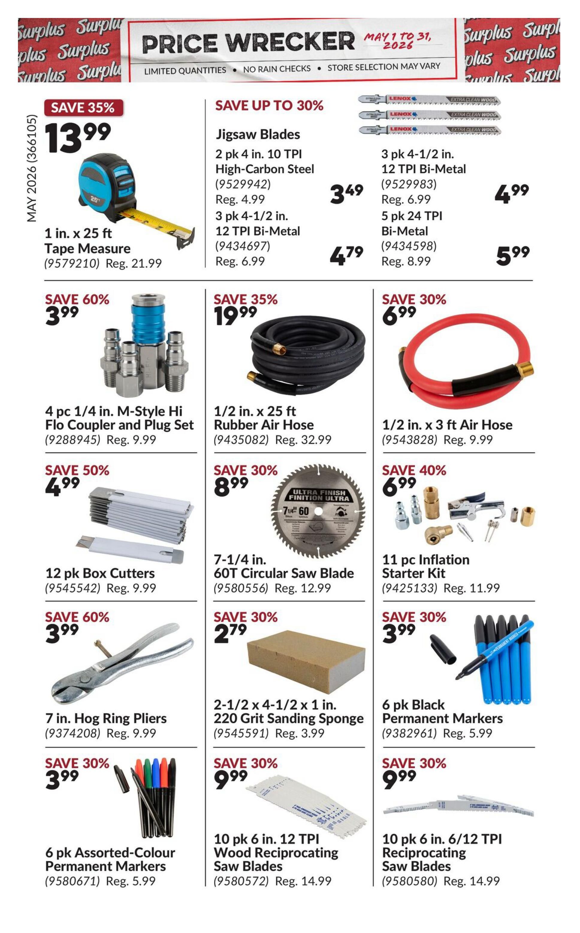Princess Auto Price Wrecker flyer, page 18. Featured items include a 1 in. x 25 ft. Tape Measure on sale for $13.99 (Save 35%), regular price $21.99. Jigsaw Blades are available with savings up to 30%, including 2 pk 4 in. 10 TPI High-Carbon Steel for $3.49 (regular $4.99) and 3 pk 4-1/2 in. 12 TPI Bi-Metal for $4.79 (regular $6.99). Also, 5 pk 24 TPI Bi-Metal Jigsaw Blades are $5.99 (regular $8.99). A 4 pc 1/4 in. M-Style Hi-Flo Coupler and Plug Set is 60% off at $3.99 (regular $9.99). A 1/2 in. x 25 ft. Rubber Air Hose is 35% off at $19.99 (regular $32.99). A 1/2 in. x 3 ft. Air Hose is 30% off at $6.99 (regular $9.99). Save 50% on a 12 pk Box Cutters for $4.99 (regular $9.99). A 7-1/4 in. 60T Circular Saw Blade is 30% off at $8.99 (regular $12.99). An 11 pc Inflation Starter Kit is 40% off at $6.99 (regular $11.99). 7 in. Hog Ring Pliers are 60% off at $3.99 (regular $9.99). A 2-1/2 x 4-1/2 x 1 in. 220 Grit Sanding Sponge is 30% off at $2.79 (regular $3.99). A 6 pk Assorted-Colour Permanent Markers is 30% off at $3.99 (regular $5.99). 6 pk Black Permanent Markers are also $3.99 (regular $5.99). Additionally, 10 pk 6 in. 12 TPI Wood Reciprocating Saw Blades are $9.99 (regular $14.99), and 10 pk 6 in. 6/12 TPI Reciprocating Saw Blades are also $9.99 (regular $14.99).
