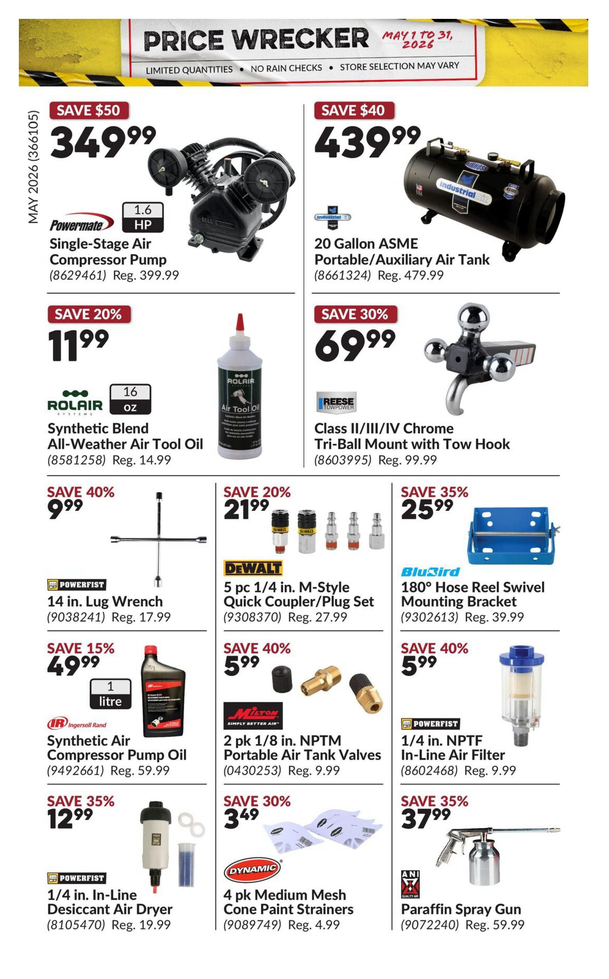 Princess Auto Price Wrecker flyer, page 20. Featured items include a Powermate 1.6 HP Single-Stage Air Compressor Pump on sale for $349.99 (save $50), and a 20 Gallon ASME Portable/Auxiliary Air Tank for $439.99 (save $40). Also available is ROLAIR Synthetic Blend All-Weather Air Tool Oil, 16 oz, for $11.99 (save 20%), and a REESE Towpower Class II/III/IV Chrome Tri-Ball Mount with Tow Hook for $69.99 (save 30%). Other deals include a POWERFIST 14 in. Lug Wrench for $9.99 (save 40%), DEWALT 5 pc 1/4 in. M-Style Quick Coupler/Plug Set for $21.99 (save 20%), and a BluBird 180' Hose Reel Swivel Mounting Bracket for $25.99 (save 35%). Additional savings are offered on Ingersoll Rand Synthetic Air Compressor Pump Oil, 1 litre, for $49.99 (save 15%), Milton 2 pk 1/8 in. NPTM Portable Air Tank Valves for $5.99 (save 40%), and POWERFIST 1/4 in. NPTF In-Line Air Filter for $5.99 (save 40%). Lower priced items include POWERFIST 1/4 in. In-Line Desiccant Air Dryer for $12.99 (save 35%), DYNAMIC 4 pk Medium Mesh Cone Paint Strainers for $3.49 (save 30%), and a ANI Paraffin Spray Gun for $37.99 (save 35%).