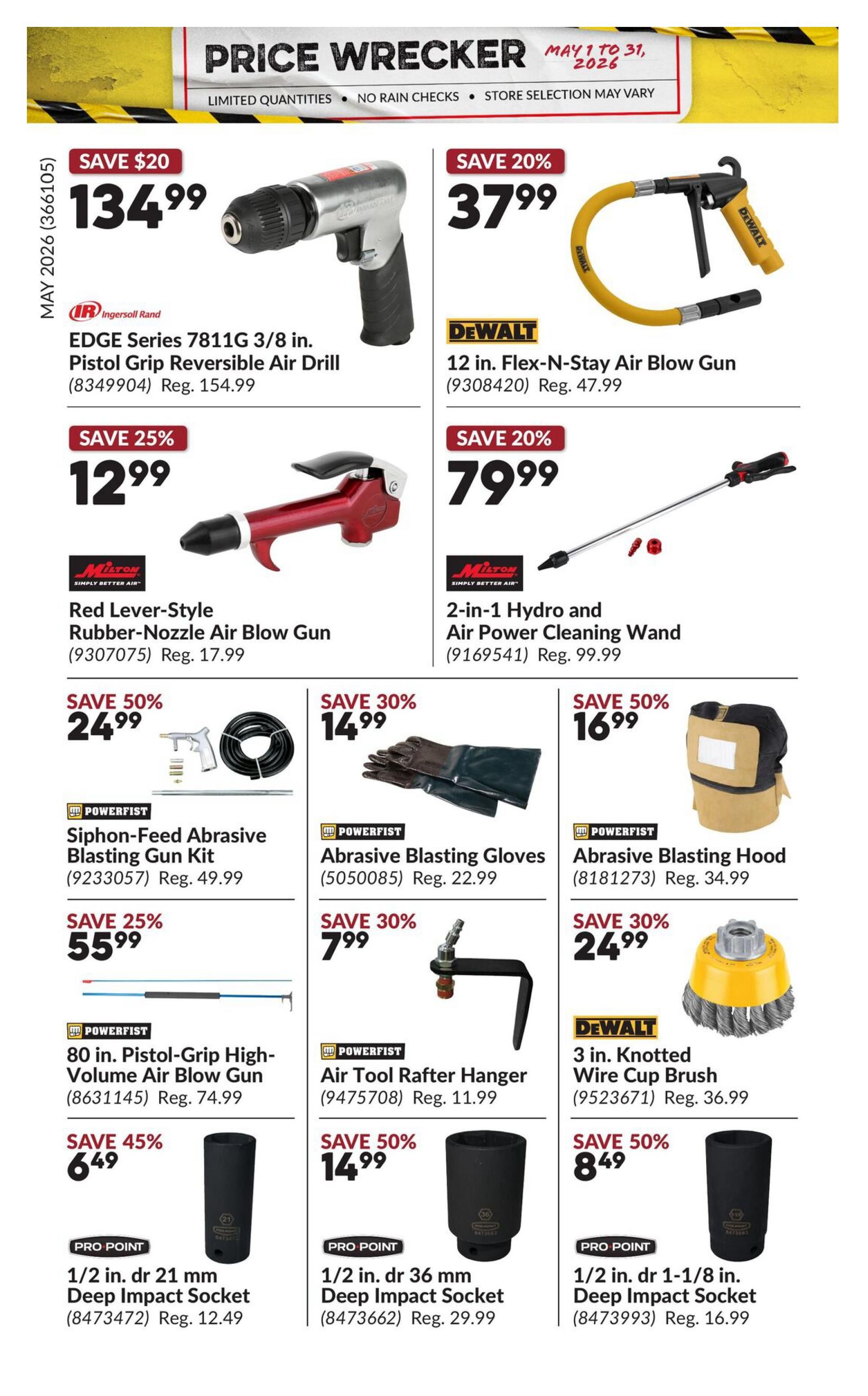 Princess Auto Price Wrecker flyer, page 22. Featured items include the Ingersoll Rand EDGE Series 7811G 3/8 in. Pistol Grip Reversible Air Drill on sale for $134.99 (save $20), and the DeWALT 12 in. Flex-N-Stay Air Blow Gun for $37.99 (save 20%). Also available are a Red Lever-Style Rubber-Nozzle Air Blow Gun for $12.99 (save 25%), and a DeWALT 2-in-1 Hydro and Air Power Cleaning Wand for $79.99 (save 20%). Powerfist brand items on sale: Siphon-Feed Abrasive Blasting Gun Kit for $24.99 (save 50%), Abrasive Blasting Gloves for $14.99 (save 30%), Abrasive Blasting Hood for $16.99 (save 50%), 80 in. Pistol-Grip High-Volume Air Blow Gun for $55.99 (save 25%), and Air Tool Rafter Hanger for $7.99 (save 30%). DeWALT 3 in. Knotted Wire Cup Brush is $24.99 (save 30%). Pro Point Deep Impact Sockets are featured: 1/2 in. dr 21 mm for $6.49 (save 45%), 1/2 in. dr 36 mm for $14.99 (save 50%), and 1/2 in. dr 1-1/8 in. for $8.49 (save 50%).