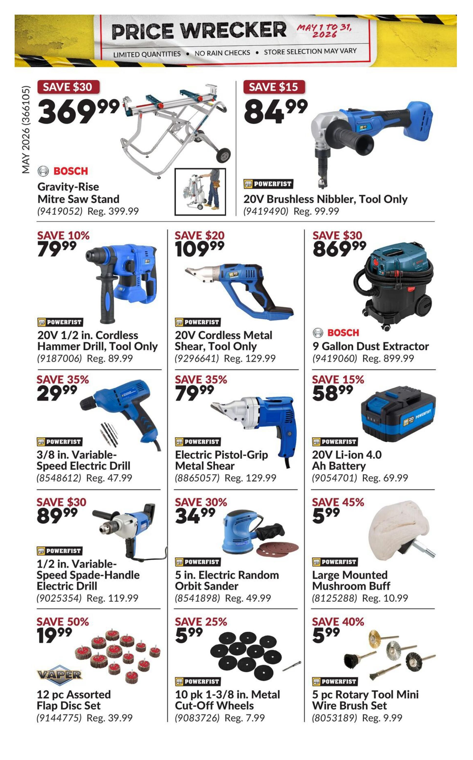 Princess Auto Price Wrecker flyer, page 23, featuring a Bosch Gravity-Rise Mitre Saw Stand on sale for $369.99 (save $30), a Powerfist 20V Brushless Nibbler, Tool Only for $84.99 (save $15), and a Bosch 9 Gallon Dust Extractor for $869.99 (save $30). Also featured are a Powerfist 20V 1/2 in. Cordless Hammer Drill, Tool Only for $79.99 (save 10%), a Powerfist 20V Cordless Metal Shear, Tool Only for $109.99 (save $20), and a Powerfist 20V Li-ion 4.0 Ah Battery for $58.99 (save 15%). Additional deals include a Powerfist 3/8 in. Variable-Speed Electric Drill for $29.99 (save 35%), a Powerfist Electric Pistol-Grip Metal Shear for $79.99 (save 35%), a Powerfist 1/2 in. Variable-Speed Spade-Handle Electric Drill for $89.99 (save $30), a Powerfist 5 in. Electric Random Orbit Sander for $34.99 (save 30%), a Vaper 12 pc Assorted Flap Disc Set for $19.99 (save 50%), a Powerfist 10 pk 1-3/8 in. Metal Cut-Off Wheels for $5.99 (save 25%), a Powerfist Large Mounted Mushroom Buff for $5.99 (save 45%), and a Powerfist 5 pc Rotary Tool Mini Wire Brush Set for $5.99 (save 40%).