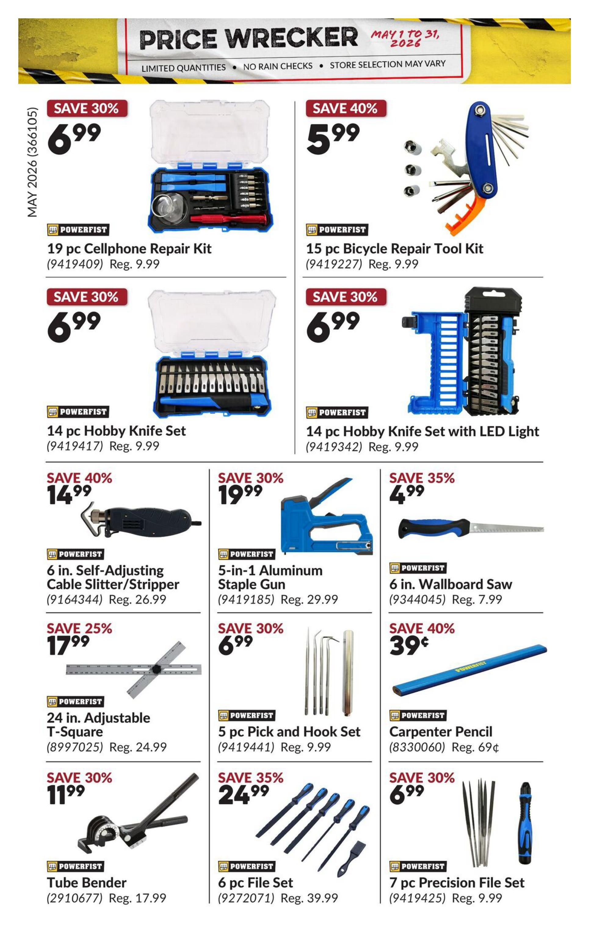 Princess Auto Price Wrecker flyer, Page 28. Featured items include a 19 pc Cellphone Repair Kit for $6.99 (Save 30%), a 15 pc Bicycle Repair Tool Kit for $5.99 (Save 40%), a 14 pc Hobby Knife Set for $6.99 (Save 30%), and a 14 pc Hobby Knife Set with LED Light for $6.99 (Save 30%). Also available are a 6 in. Self-Adjusting Cable Slitter/Stripper for $14.99 (Save 40%), a 5-in-1 Aluminum Staple Gun for $19.99 (Save 30%), and a 6 in. Wallboard Saw for $4.99 (Save 35%). Additional deals include a 24 in. Adjustable T-Square for $17.99 (Save 25%), a 5 pc Pick and Hook Set for $6.99 (Save 30%), and a Carpenter Pencil for $0.39 (Save 40%). Finally, a Tube Bender is on sale for $11.99 (Save 30%), and a 6 pc File Set is $24.99 (Save 35%), and a 7 pc Precision File Set for $6.99 (Save 30%).