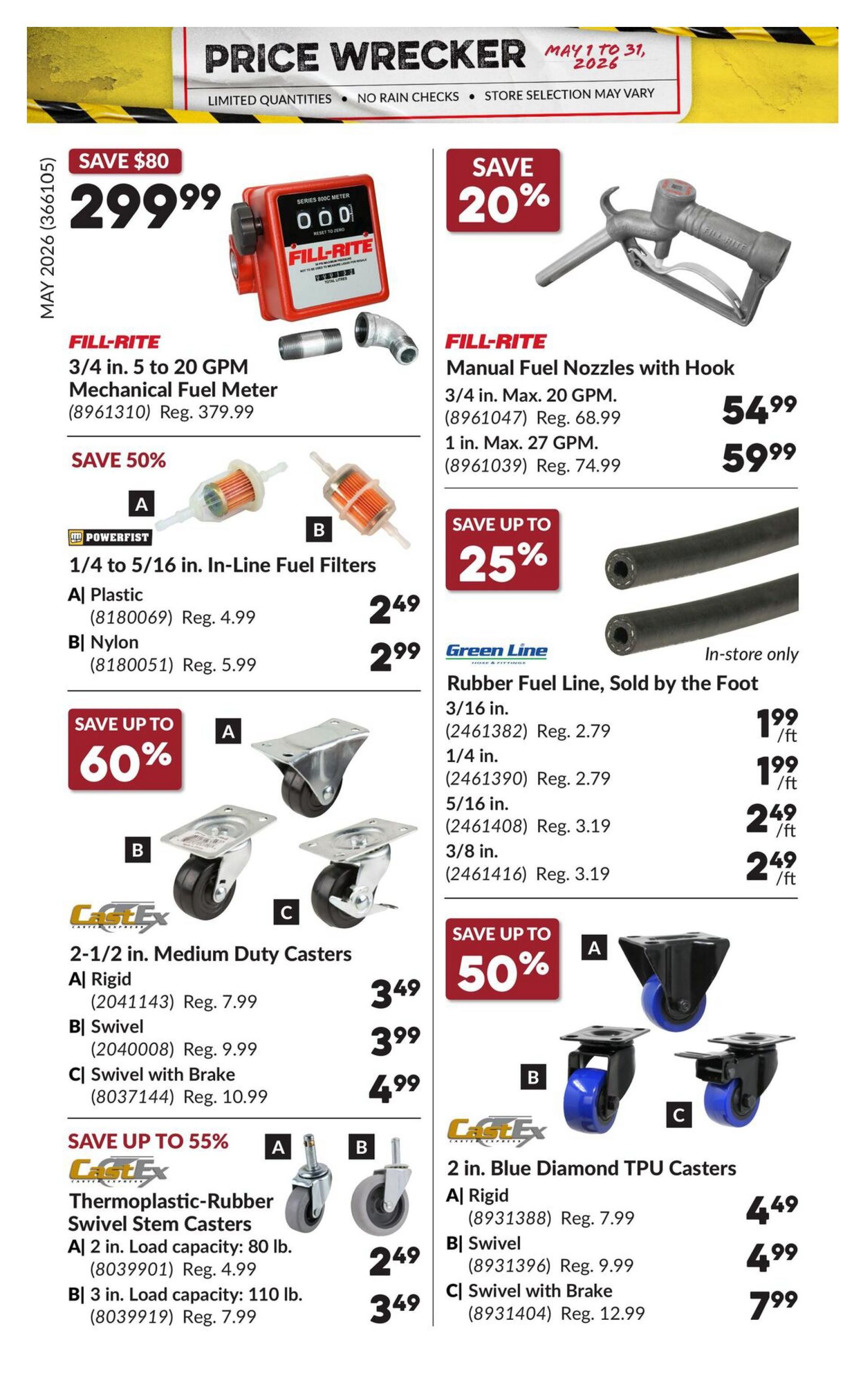 Princess Auto Price Wrecker flyer, page 32. Featured items include a Fill-Rite 3/4 in. to 5-20 GPM Mechanical Fuel Meter for $299.99, saving $80. Also, Fill-Rite Manual Fuel Nozzles with Hook are on sale: 3/4 in. Max. 20 GPM for $54.99 (save 20%) and 1 in. Max. 27 GPM for $59.99. Powerfist 1/4 to 5/16 in. In-Line Fuel Filters are 50% off: Plastic for $2.49 (reg. $4.99) and Nylon for $2.99 (reg. $5.99). Green Line Rubber Fuel Line is sold by the foot, starting at $1.99/ft for 3/16 in. and 1/4 in. sizes, and $2.49/ft for 5/16 in. and 3/8 in. sizes. Castex 2-1/2 in. Medium Duty Casters are up to 60% off: Rigid for $3.49, Swivel for $3.99, and Swivel with Brake for $4.99. Castex Thermoplastic-Rubber Swivel Stem Casters are up to 55% off: 2 in. with 80 lb. load capacity for $2.49 (reg. $4.99) and 3 in. with 110 lb. load capacity for $3.49 (reg. $7.99). Castex 2 in. Blue Diamond TPU Casters are up to 50% off: Rigid for $4.49 (reg. $7.99), Swivel for $4.99 (reg. $9.99), and Swivel with Brake for $7.99 (reg. $12.99).
