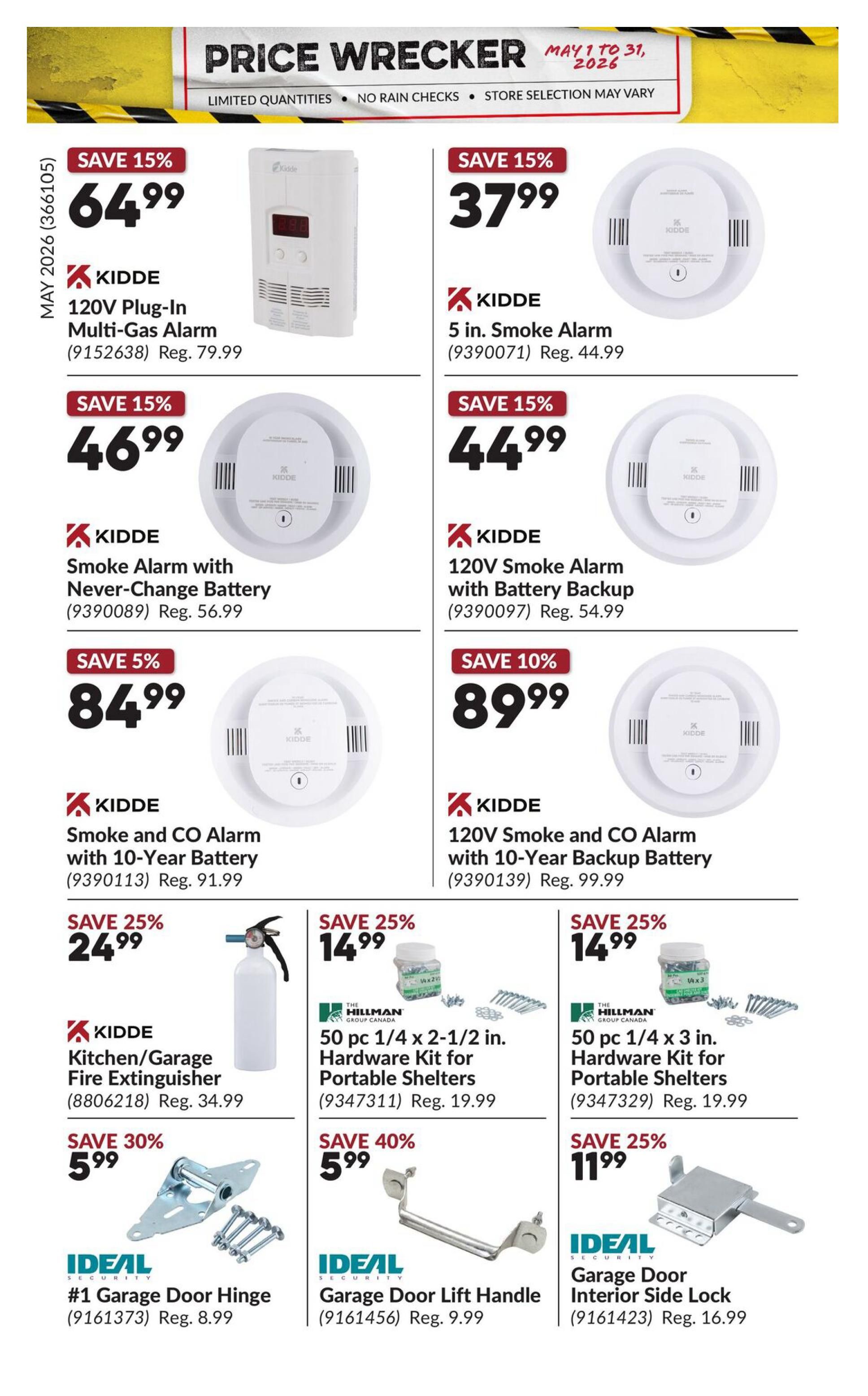 Princess Auto Price Wrecker flyer, Page 35. Featured items include Kidde 120V Plug-In Multi-Gas Alarm on sale for $64.99 (Save 15%, Reg. $79.99), Kidde 5 in. Smoke Alarm for $37.99 (Save 15%, Reg. $44.99), Kidde Smoke Alarm with Never-Change Battery for $46.99 (Save 15%, Reg. $56.99), and Kidde 120V Smoke Alarm with Battery Backup for $44.99 (Save 15%, Reg. $54.99). Also available are Kidde Smoke and CO Alarm with 10-Year Battery for $84.99 (Save 5%, Reg. $91.99) and Kidde 120V Smoke and CO Alarm with 10-Year Backup Battery for $89.99 (Save 10%, Reg. $99.99). Additional deals include Kidde Kitchen/Garage Fire Extinguisher for $24.99 (Save 25%, Reg. $34.99), Hillman 50 pc 1/4 x 2-1/2 in. Hardware Kit for Portable Shelters for $14.99 (Save 25%, Reg. $19.99), and Hillman 50 pc 1/4 x 3 in. Hardware Kit for Portable Shelters for $14.99 (Save 25%, Reg. $19.99). Finally, IDEAL #1 Garage Door Hinge is on sale for $5.99 (Save 30%, Reg. $8.99), IDEAL Garage Door Lift Handle for $5.99 (Save 40%, Reg. $9.99), and IDEAL Garage Door Interior Side Lock for $11.99 (Save 25%, Reg. $16.99).