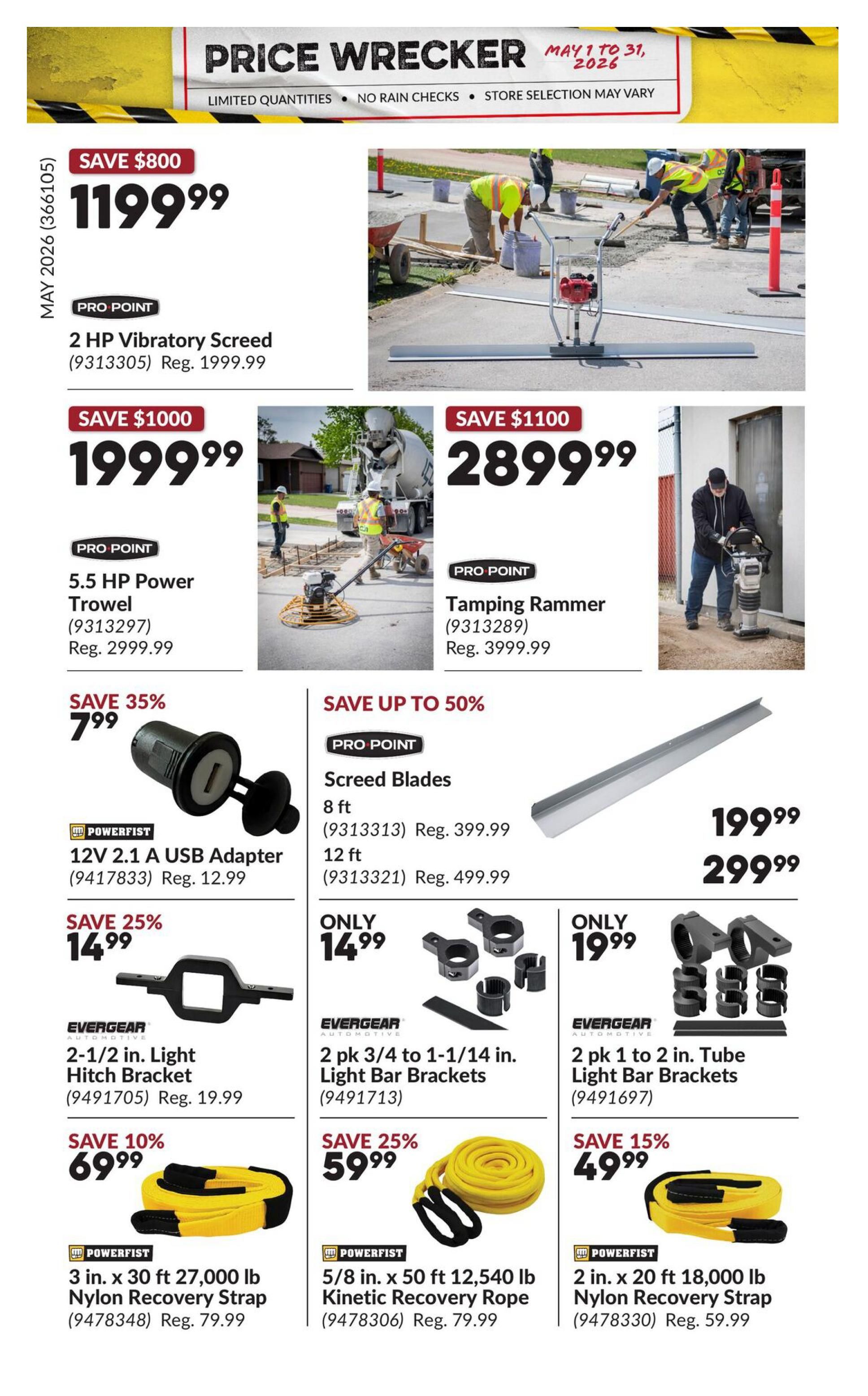 Princess Auto Price Wrecker flyer, page 37. Featured items include a 2 HP Vibratory Screed for $1199.99 (Save $800), a 5.5 HP Power Trowel for $1999.99 (Save $1000), and a Tamping Rammer for $2899.99 (Save $1100). Also available are Screed Blades in 8 ft for $399.99 and 12 ft for $499.99, with savings up to 50%. Powerfist offers a 12V 2.1A USB Adapter for $7.99 (Save 35%). Evergear Automotive products include 2-1/2 in. Light Hitch Brackets for $14.99 (Save 25%), 2 pk 3/4 to 1-1/4 in. Light Bar Brackets for $14.99, and 2 pk 1 to 2 in. Tube Light Bar Brackets for $19.99. Powerfist recovery straps and ropes are on sale: a 3 in. x 30 ft 27,000 lb Nylon Recovery Strap for $69.99 (Save 10%), a 5/8 in. x 50 ft 12,540 lb Kinetic Recovery Rope for $59.99 (Save 25%), and a 2 in. x 20 ft 18,000 lb Nylon Recovery Strap for $49.99 (Save 15%).