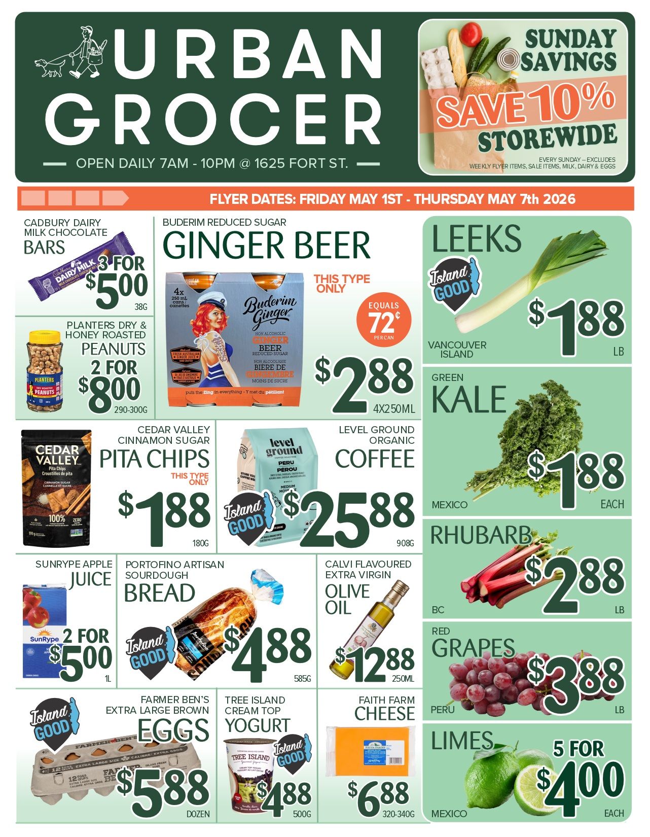 Urban Grocer weekly flyer specials from Friday, May 1st to Thursday, May 7th, 2026. Sunday Savings: Save 10% storewide (excludes weekly flyer items, sale items, milk, dairy & eggs). Featured products include Cadbury Dairy Milk Chocolate Bars at 3 for $5.00, Planters Dry & Honey Roasted Peanuts at 2 for $8.00, Buderim Reduced Sugar Ginger Beer for $2.88 (equals 72¢ per can), Vancouver Island Leeks for $1.88 per lb, Green Kale for $1.88 each, Cedar Valley Cinnamon Sugar Pita Chips for $1.88 (180g), Level Ground Organic Coffee for $25.88 (908g), Rhubarb for $2.88 per lb, Sunrype Apple Juice for 2 for $5.00 (1L), Portofino Artisan Sourdough Bread for $4.88 (585g), Calvi Flavoured Extra Virgin Olive Oil for $12.88 (250mL), Red Grapes for $3.88 per lb, Farmer Ben's Extra Large Brown Eggs for $5.88 per dozen, Tree Island Cream Top Yogurt for $4.88 (500g), Faith Farm Cheese for $6.88 (320-340g), and Limes at 5 for $4.00 each.