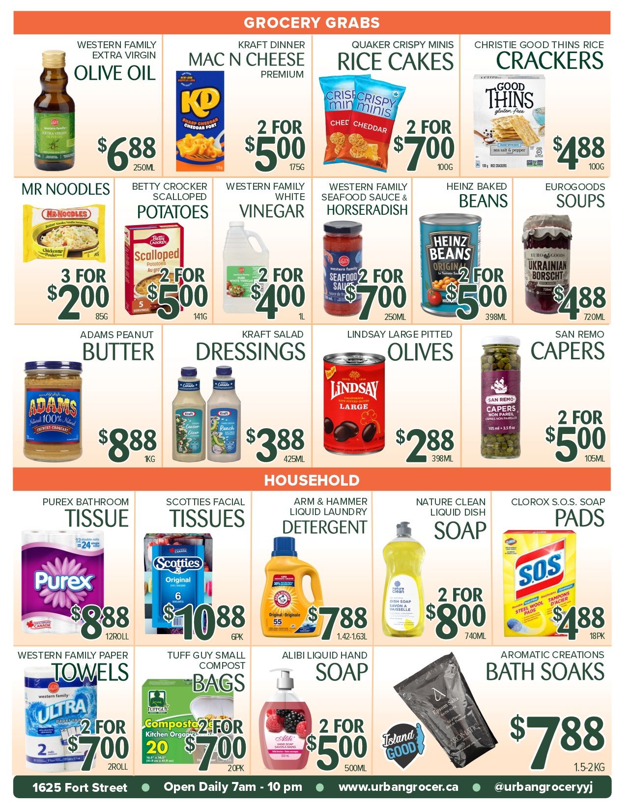 Urban Grocer weekly flyer specials page 2 features grocery grabs including Western Family Extra Virgin Olive Oil for $6.88, Kraft Dinner Mac N Cheese Premium for 2 for $5.00, Quaker Crispy Minis Rice Cakes for 2 for $7.00, and Christie Good Thins Crackers for $4.88. Also available are Mr Noodles for 3 for $2.00, Betty Crocker Scalloped Potatoes for 2 for $5.00, Western Family White Vinegar for 2 for $4.00, Western Family Seafood Sauce & Horseradish for 2 for $7.00, Heinz Baked Beans for 2 for $5.00, and Eurofoods Ukrainian Borscht for $4.88. In the pantry section, find Adams Peanut Butter for $8.88, Kraft Salad Dressings for $3.88, Lindsay Large Pitted Olives for $2.88, and San Remo Capers for 2 for $5.00. The household section includes Purex Bathroom Tissue for $8.88, Scotties Facial Tissues for $10.88, Arm & Hammer Liquid Laundry Detergent for $7.88, Nature Clean Liquid Dish Soap for 2 for $8.00, and Clorox S.O.S. Soap Pads for $4.88. Additional household items are Western Family Paper Towels for 2 for $7.00, Tuff Guy Small Compost Bags for 2 for $7.00, Alibi Liquid Hand Soap for 2 for $5.00, and Aromatic Creations Bath Soaks for $7.88.