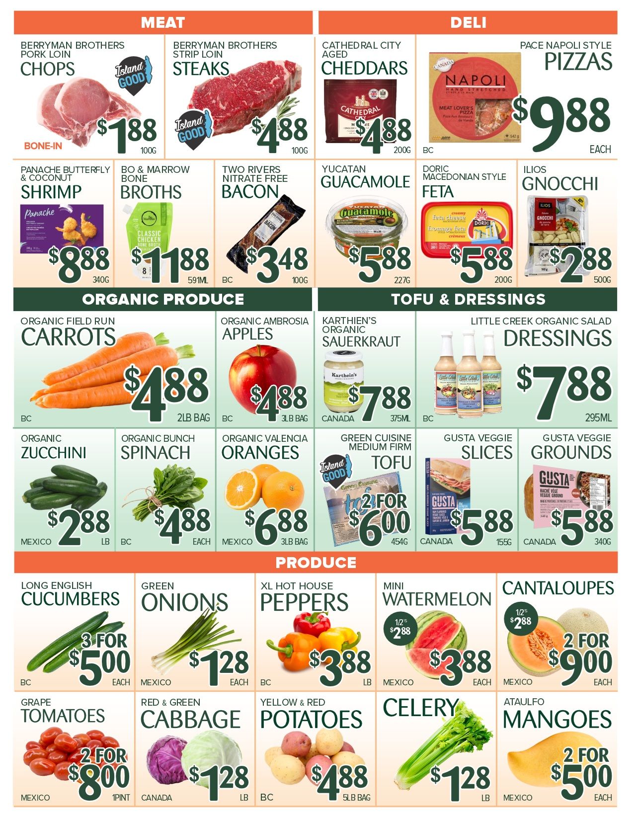 Urban Grocer weekly flyer specials page 4. Meat section features Berryman Brothers Pork Loin Chops for $188, Berryman Brothers Strip Loin Steaks for $488, Panache Butterfly & Coconut Shrimp for $888, Bo & Marrow Bone Broths for $1188, Two Rivers Nitrate Free Bacon for $348, Yucatan Guacamole for $588, Doric Macedonian Style Feta for $588, and Ilios Gnocchi for $288. Deli section includes Cathedral City Aged Cheddars for $488 and Pace Napoli Style Pizzas for $988. Tofu & Dressings section offers Organic Field Run Carrots for $488, Organic Ambrosia Apples for $488, Karthien's Organic Sauerkraut for $788, Little Creek Organic Salad Dressings for $788, Organic Zucchini for $288, Organic Bunch Spinach for $488, Organic Valencia Oranges for $688, Green Cuisine Medium Firm Tofu for 2 for $600, Gusta Veggie Slices for $588, and Gusta Veggie Grounds for $588. Produce section includes Long English Cucumbers for 3 for $500, Green Onions for $128, XL Hot House Peppers for $388, Mini Watermelon for $388, Cantaloupes for 2 for $900, Grape Tomatoes for 2 for $800, Red & Green Cabbage for $128, Yellow & Red Potatoes for $488, Celery for $128, and Ataulfo Mangoes for 2 for $500.