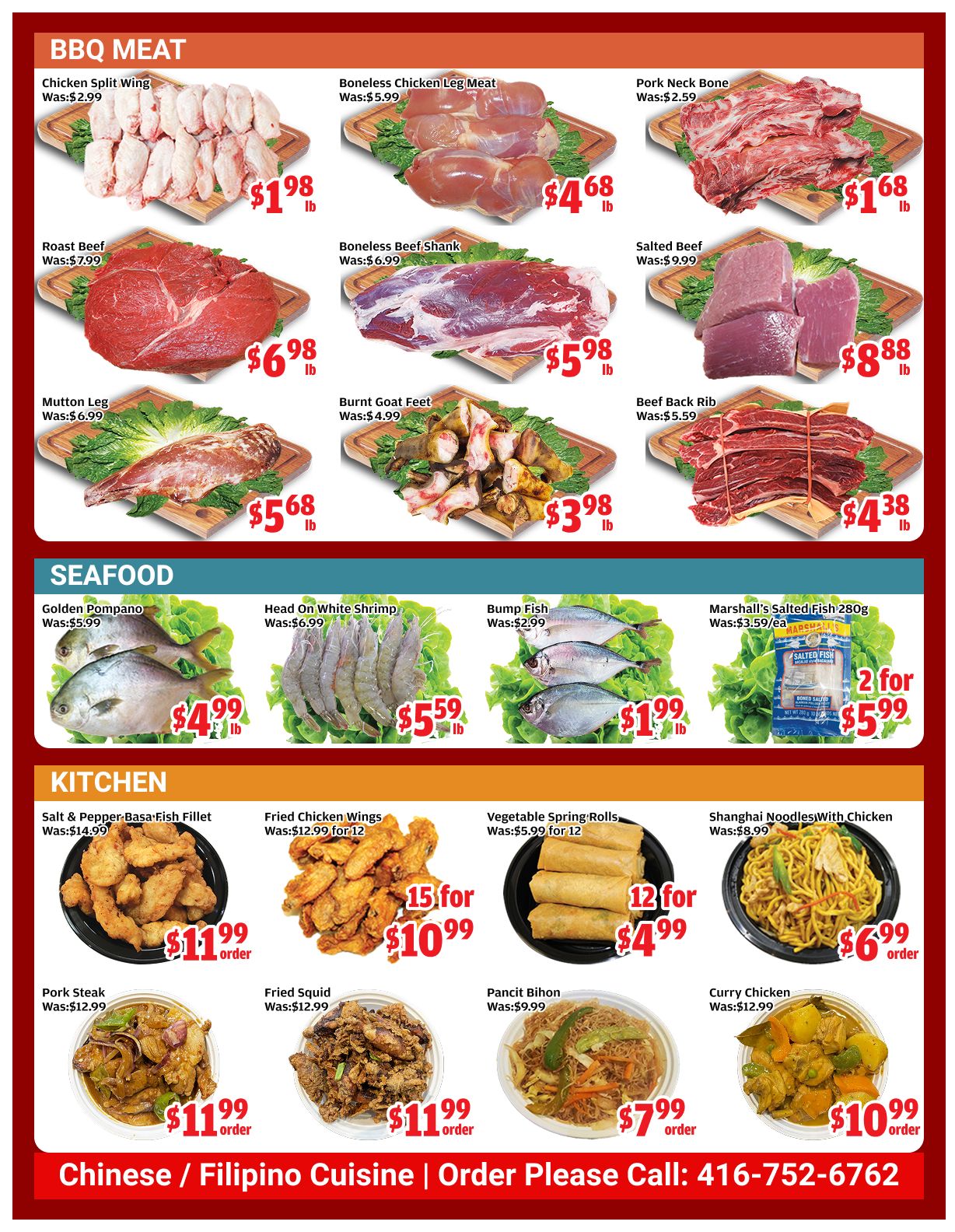 Top Food Supermarket weekly flyer specials page 4 features BBQ Meats, Seafood, and Kitchen items. BBQ Meats include Chicken Split Wing for $1.98/lb, Boneless Chicken Leg Meat for $4.68/lb, Pork Neck Bone for $2.59/lb, Roast Beef for $6.98/lb, Boneless Beef Shank for $5.98/lb, Salted Beef for $8.88/lb, Mutton Leg for $5.68/lb, Burnt Goat Feet for $3.98/lb, and Beef Back Rib for $4.38/lb. Seafood offers include Golden Pompano for $4.99/lb, Head On White Shrimp for $5.59/lb, Bump Fish for $1.99/lb, and Marshall's Salted Fish 280g at 2 for $5.99. Kitchen items and Chinese/Filipino Cuisine include Salt & Pepper Basa Fish Fillet for $11.99/order, Fried Chicken Wings 15 for $10.99, Vegetable Spring Rolls 12 for $4.99, Shanghai Noodles with Chicken for $6.99/order, Pork Steak for $11.99/order, Fried Squid for $11.99/order, Pancit Bihon for $7.99/order, and Curry Chicken for $10.99/order. Order by calling 416-752-6762.